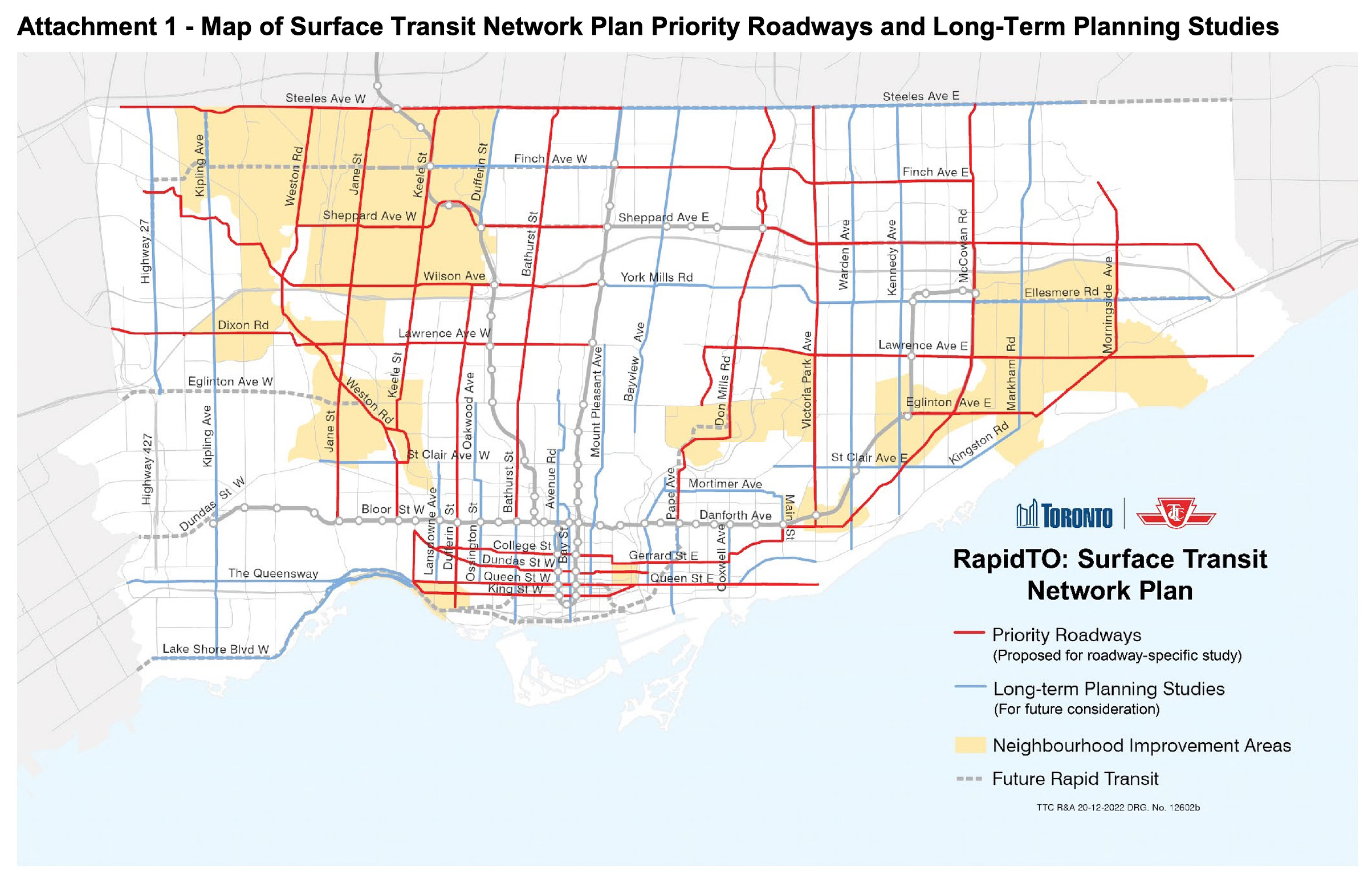 Map of priority roadways for transit upgrades, including dedicated bus lanes