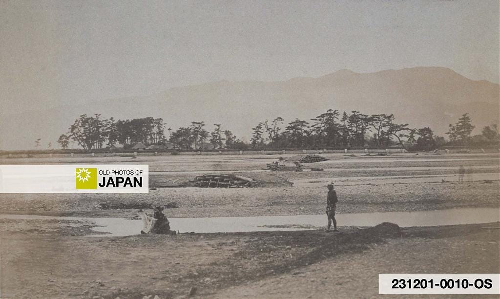 Albumen print from The Far East magazine of temporary bridges across the Sakawagawa River near Odawara, 1871