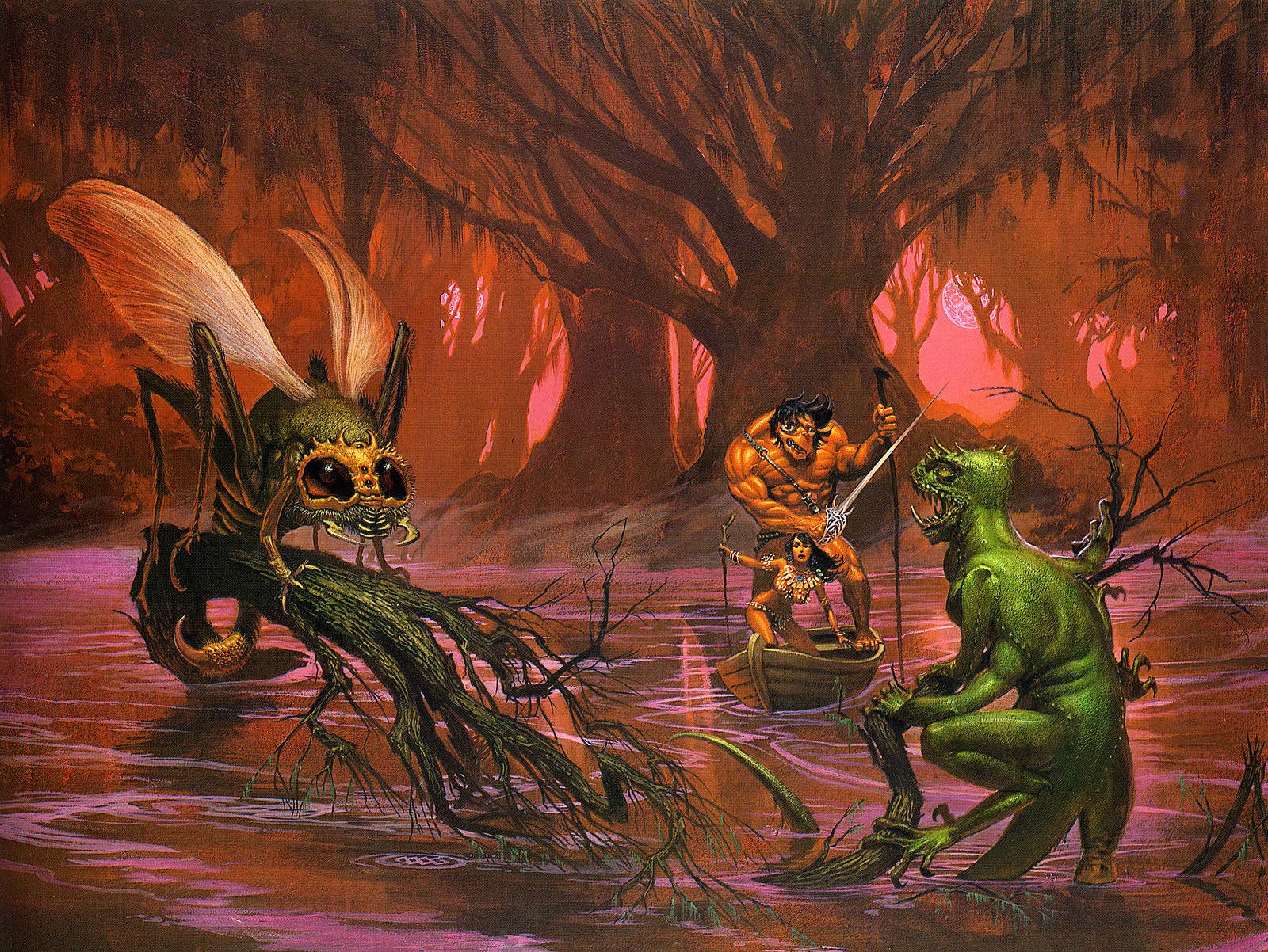 A grossly disfigured, hulking man ferries a boat through vermillion swamp. He holds an ornate rapier at the ready while pushing the craft with a makeshift pole gripped in his offhand. Gentle ripples in the water—highlighted in pink—radiate from the boat. The synthetic man's black hair and red cast skin are native to Barsoom, but his face is grotesquely asymmetrical with one huge eye bulging. His other eye is barely visibly as his face droops and his mouth slants at a sharp diagonal. His frame is comically top heavy with tense, striated muscle concentrated in his yolked shoulders and broad chest. At the bow of the boat, a Barsoomian woman decked in jewels and not much else is caught in a moment of surprise as she spies monstrous creatures ahead. A green, six-legged lizard with yellow eyes emerges from the water, stretching its jaws to reveal a mouth of jagged fangs. On an uprooted tree nearby perches an enormous insect with pincered mandibles, barbed tail, and translucent fly-like wings A grossly disfigured, hulking man ferries a boat through vermillion swamp. He holds an ornate rapier at the ready while pushing the craft with a makeshift pole gripped in his offhand. Gentle ripples in the water—highlighted in pink—radiate from the boat. The synthetic man's black hair and red cast skin are native to Barsoom, but his face is grotesquely asymmetrical with one huge eye bulging. His other eye is barely visibly as his face droops and his mouth slants at a sharp diagonal. His frame is comically top heavy with tense, striated muscle concentrated in his yolked shoulders and broad chest. At the bow of the boat, a Barsoomian woman decked in jewels and not much else is caught in a moment of surprise as she spies monstrous creatures ahead. A green, six-legged lizard with yellow eyes emerges from the water, stretching its jaws to reveal a mouth of jagged fangs. On an uprooted tree nearby perches an enormous insect with pincered mandibles, barbed tail, and translucent fly-like wings