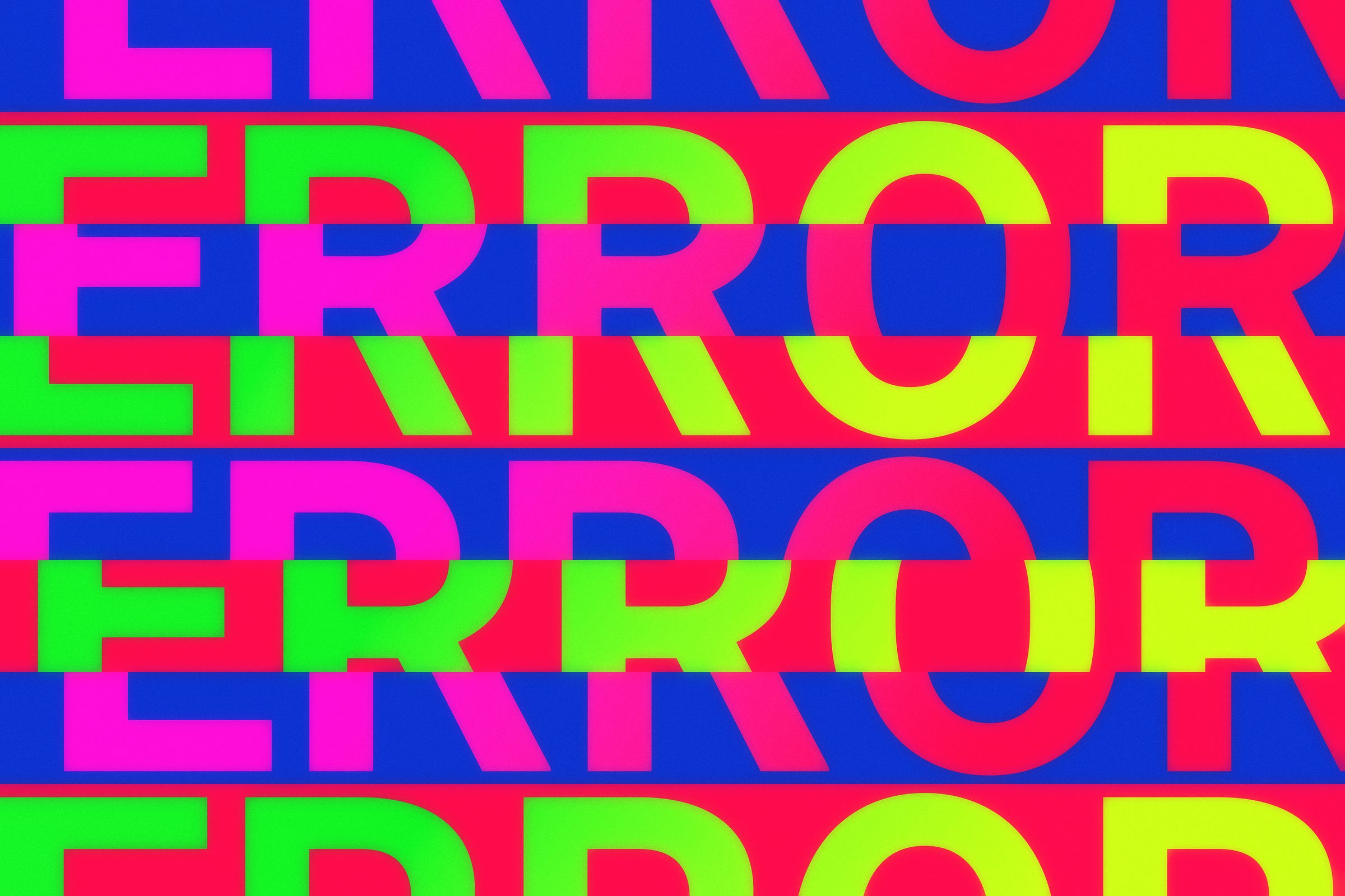 Graphic image featuring the word "ERROR" written in lime green and pink on an bright blue background