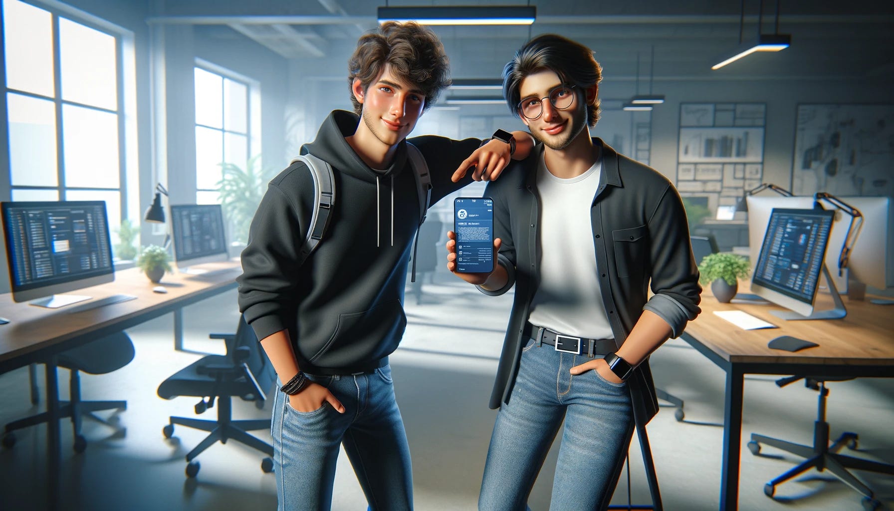 An image depicting two very casual tech workers in a modern office environment, where one is holding a smartphone with a digital version of a signed contract visible on its screen. Both individuals are dressed in casual attire, such as jeans and t-shirts, with at least one wearing a hoodie. They are standing close together, smiling, indicating a shared moment of success. The background features a minimalist office setup with computers, ergonomic chairs, and a few green plants, emphasizing a relaxed yet professional tech workspace atmosphere. This scene represents collaboration and the modern way of finalizing deals in the tech industry.