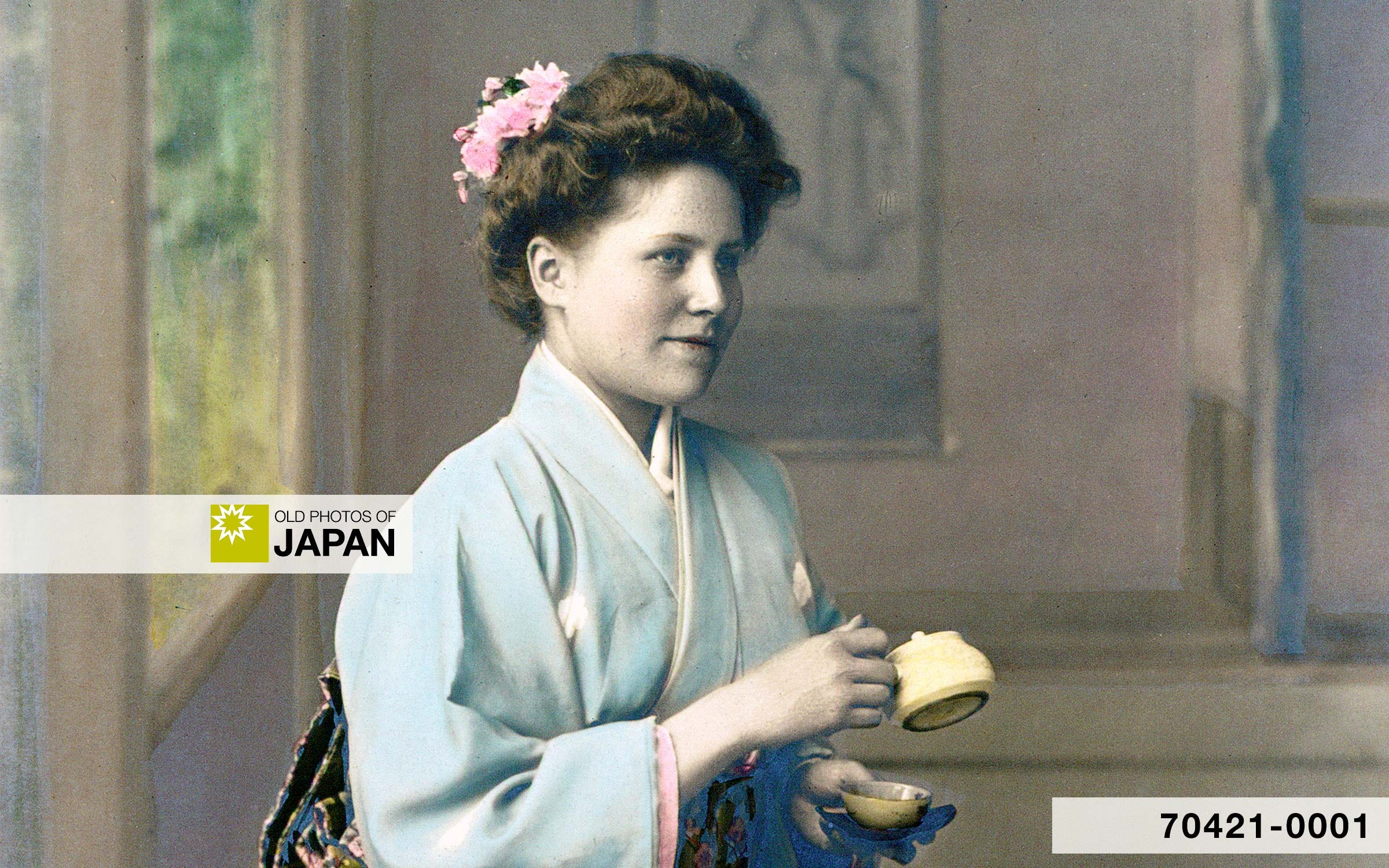 Western woman posing in Japanese kimono, ca. 1880s