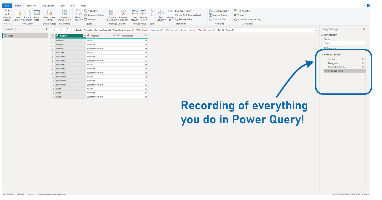 Power Query Editor: Applied Steps Pane