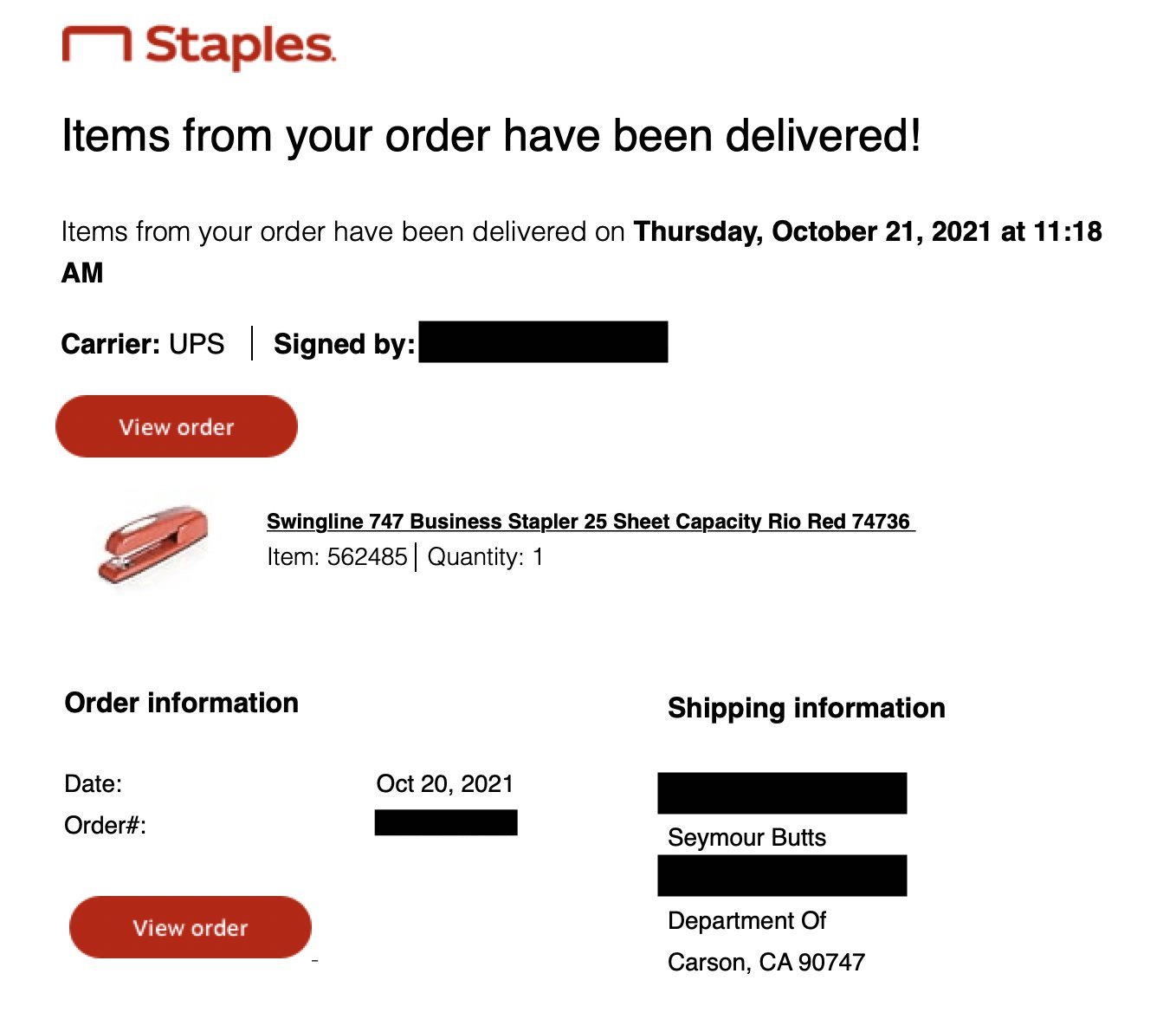 screen capture showing delivery of the stapler
