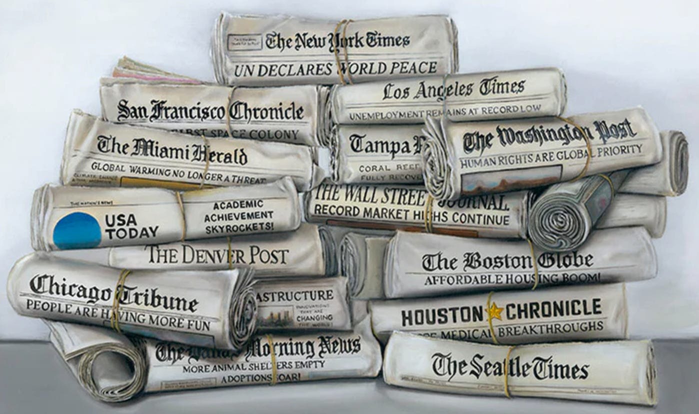 A painting of various newspapers of record