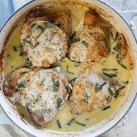 Braised Chicken Thighs with Lemon Mustard Sage Sauce