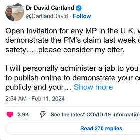 Dr. Cartland Offers To Administer COVID Jab on Camera to Any UK MP “Who Would Like To Demonstrate the PM’s Claim Last Week of COVID Jab Safety”