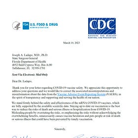 FDA POSTS TRUTH: "FDA Has NOT Found These [Covid-19 Vaccine] Products To Be Safe And Effective For Their Specific Use". CDC & FDA LIAR STAFF Make Spurious Response To Dr. Joe Ladapo March 10, 2023