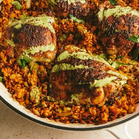 Peruvian chicken and lupin rice with a zesty green sauce