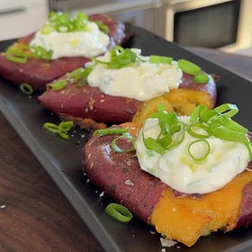Japanese Sweet Potatoes with Crispy Edges & Scallion Yogurt