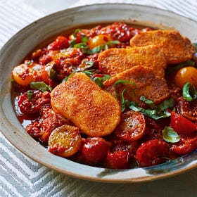 Crispy Halloumi with Cherry Tomatoes & Red Pepper Sauce