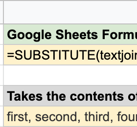 Using SUBSTITUTE, TEXTJOIN, and COUNTA to flatten a list in Google Sheets