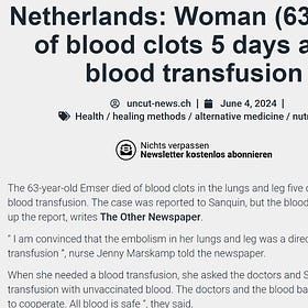 Netherlands: Woman (63) Dies From Blood Clots 5 Days After Blood Transfusion 