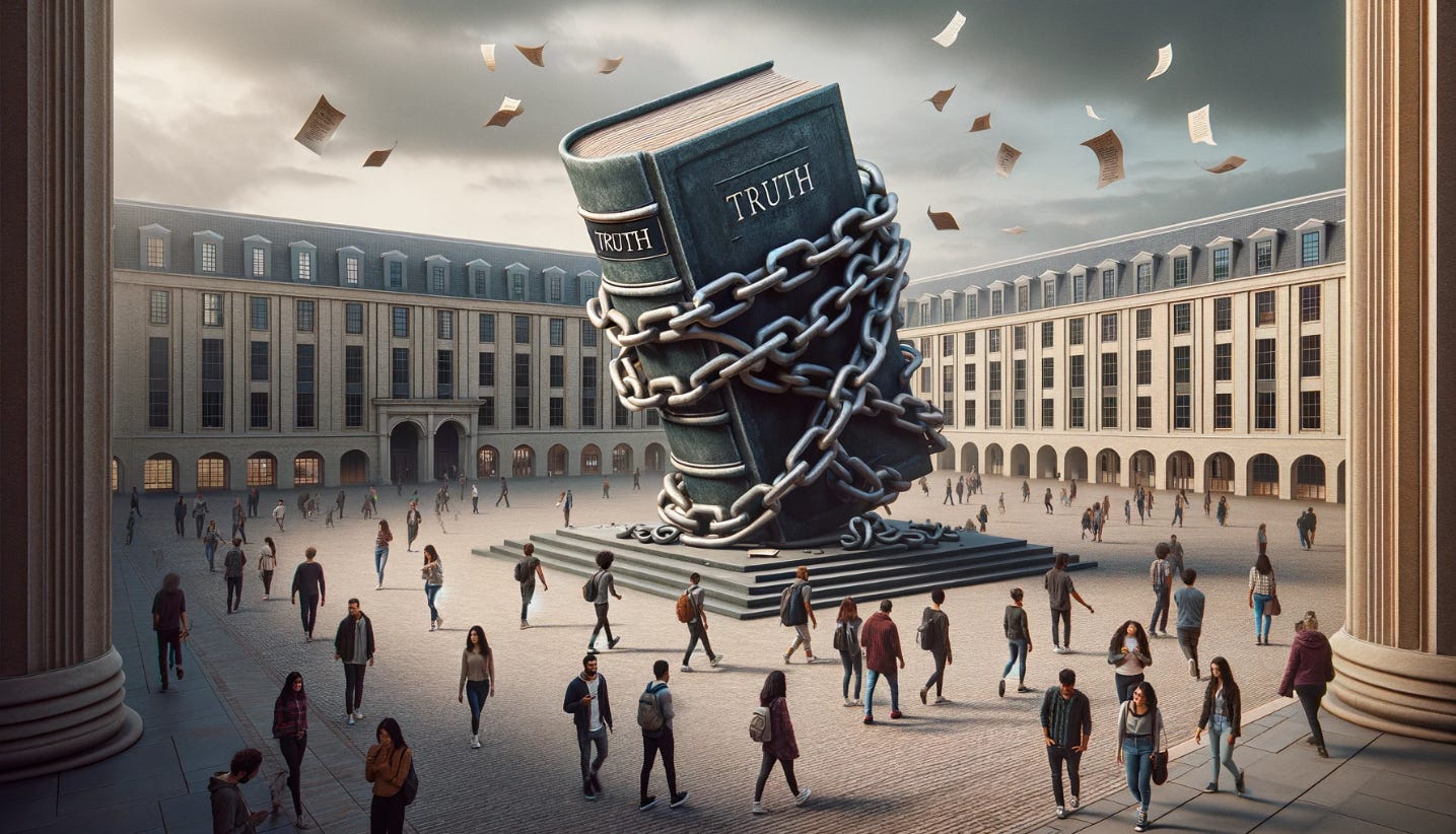 A book of truth is chained up in the center of a college campus.