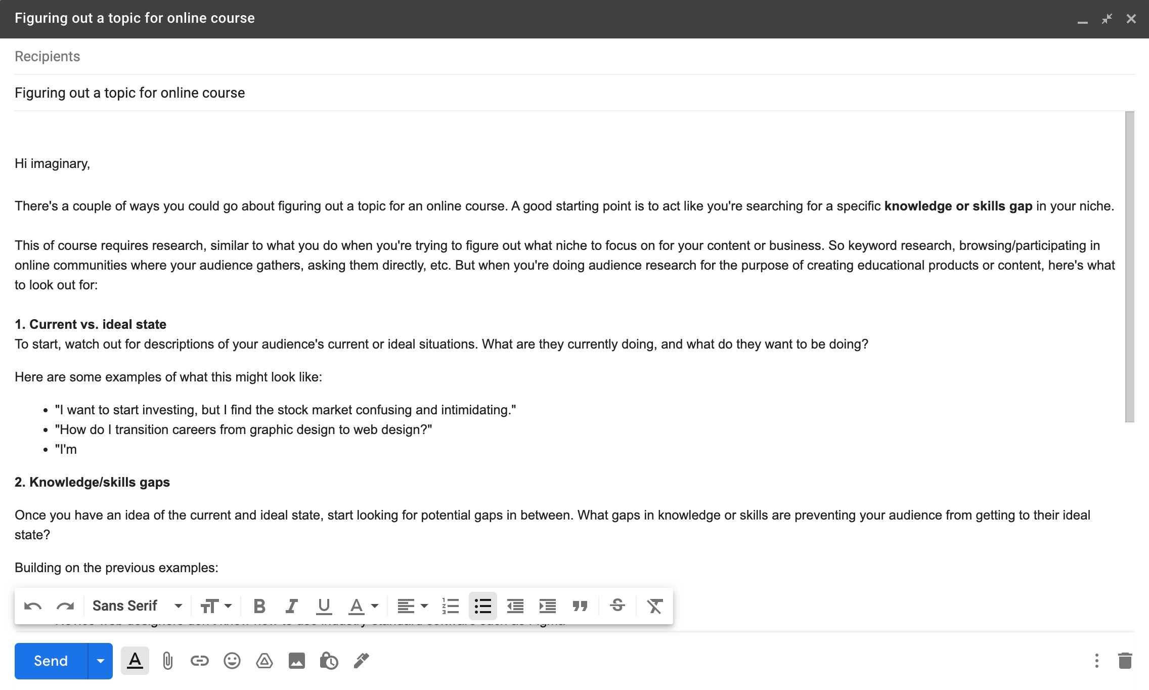 Screenshot of writing an article draft in an email