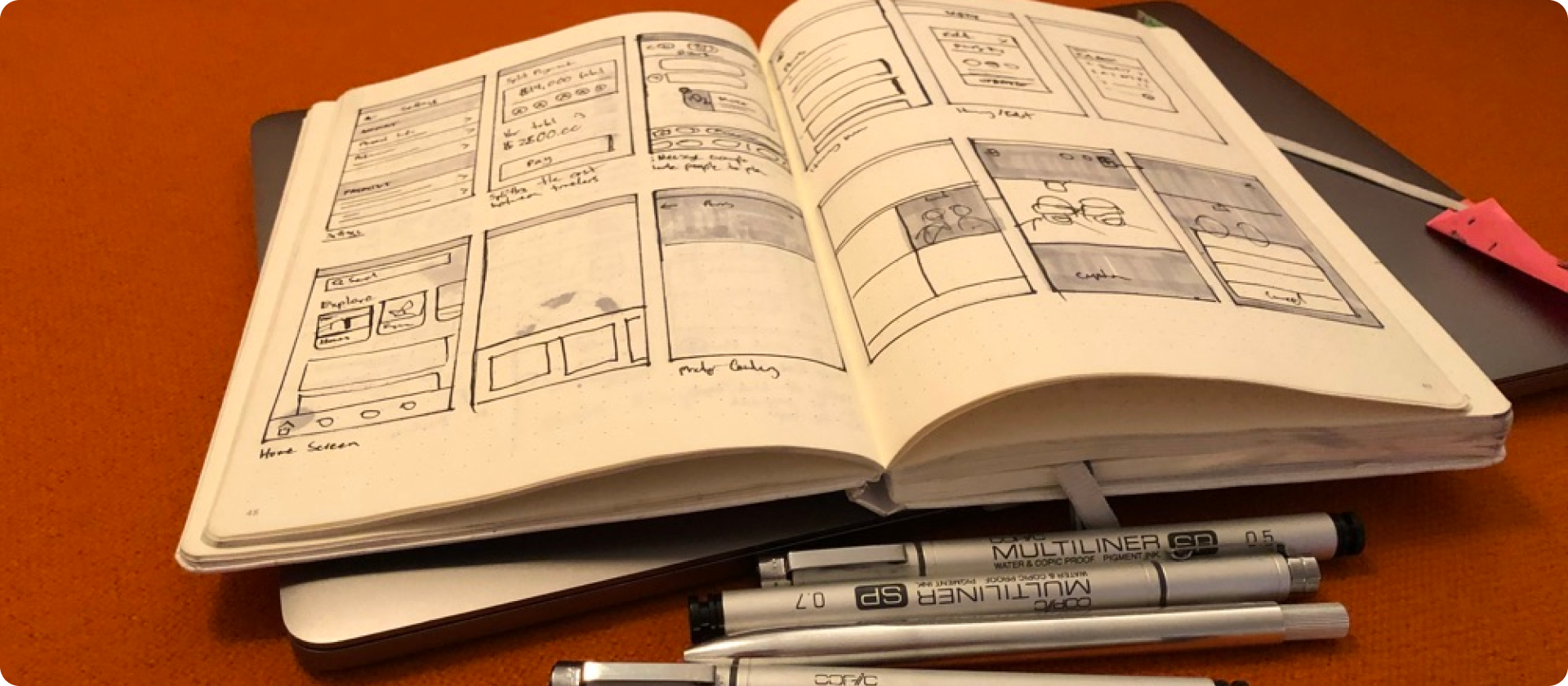 Photo of sketchbook with multiliner pens