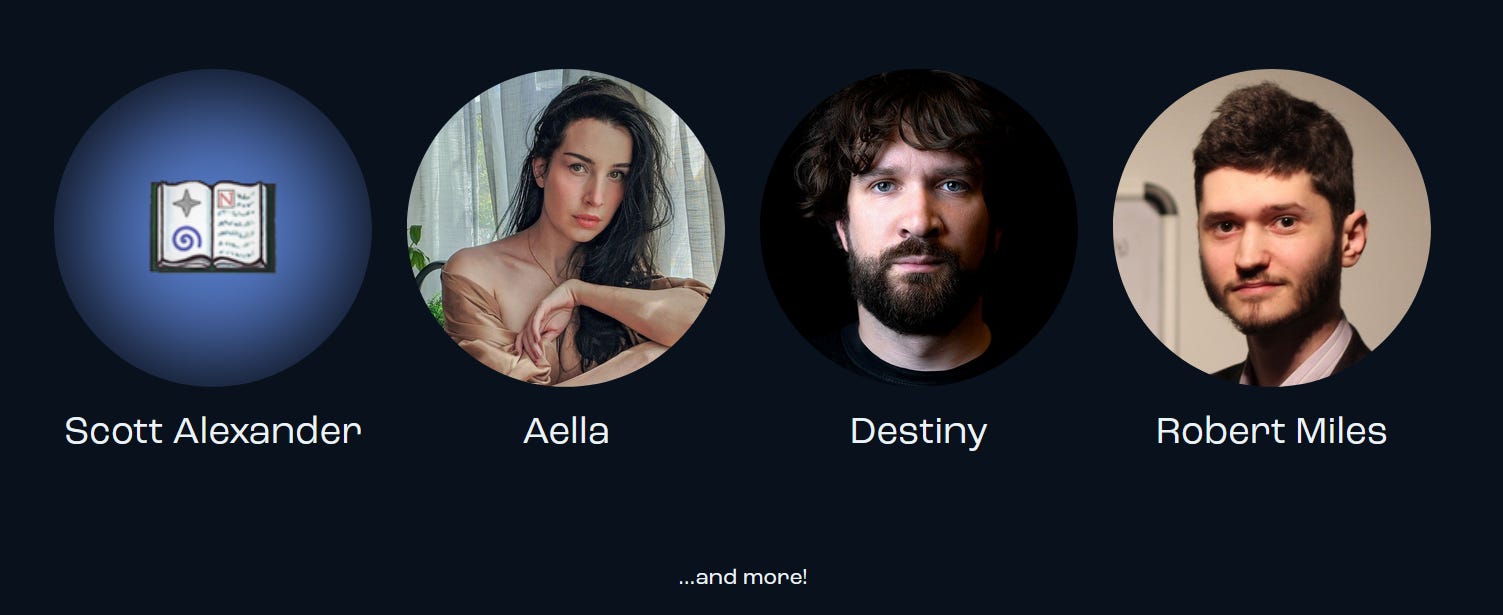 List of speakers including Scott Alexander, Aella, Destiny, and Robert Miles