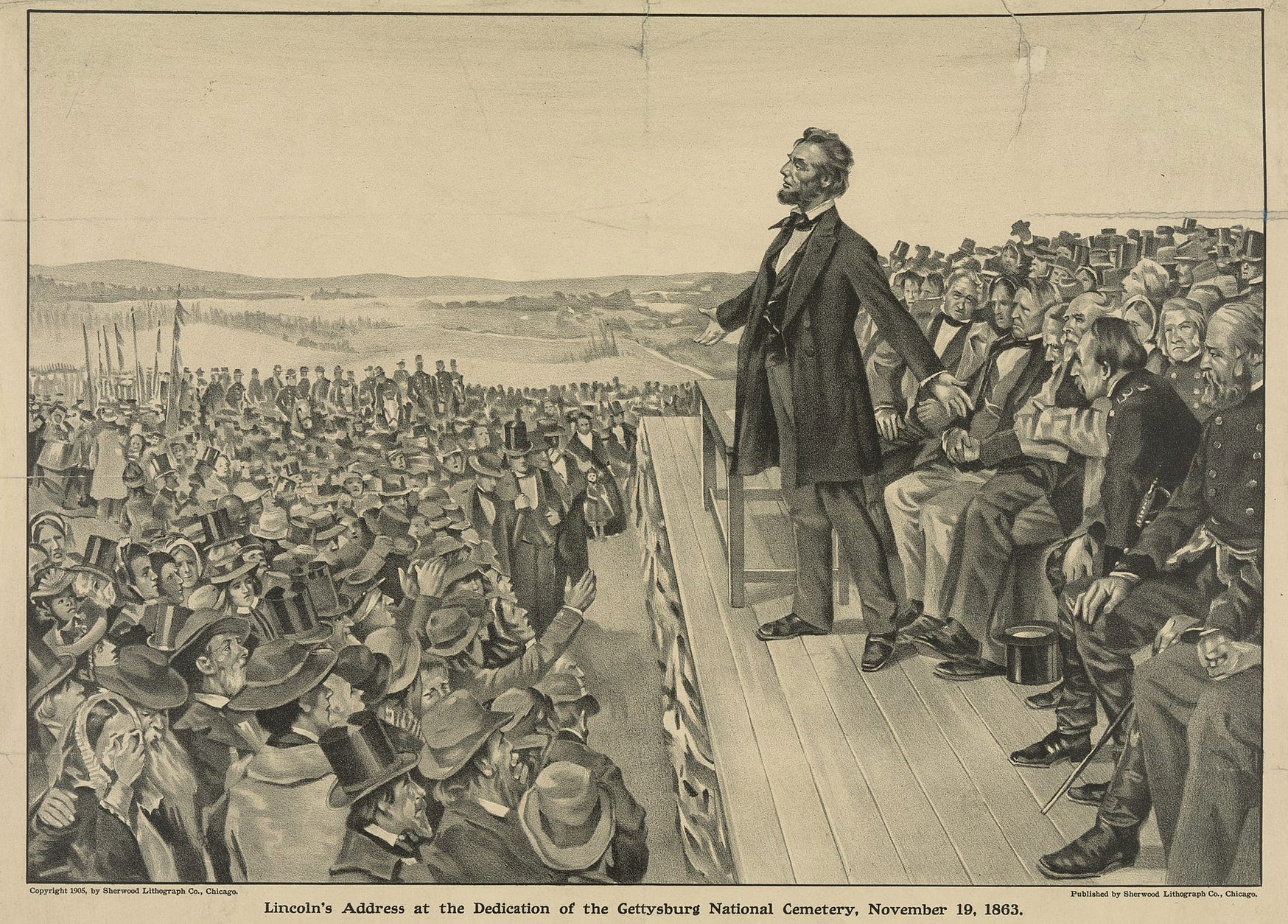 Lithograph of Lincoln delivering the Gettysburg Address