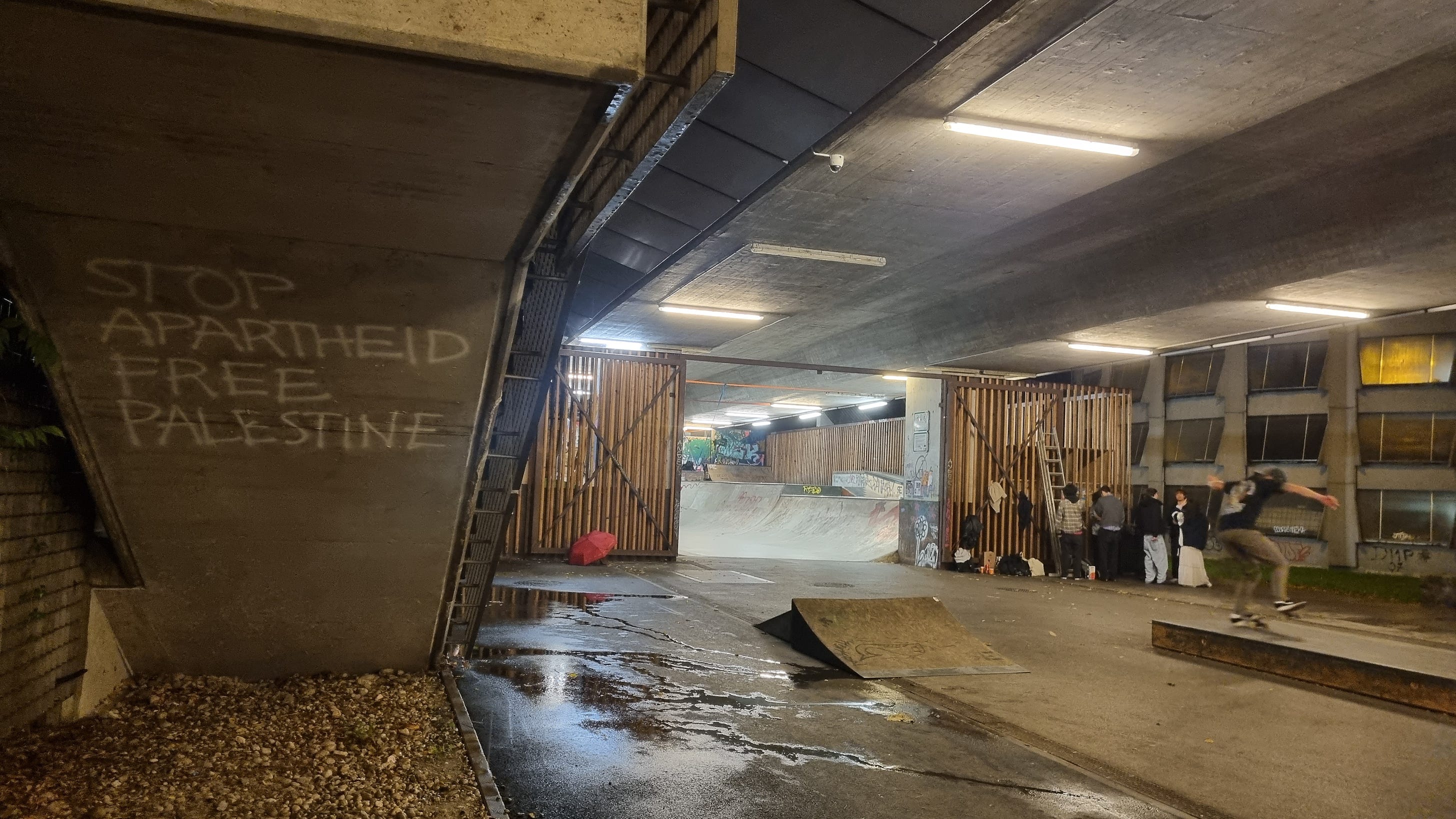 skatepark in slovenia with the graffiti "stop apartheid free palestine"