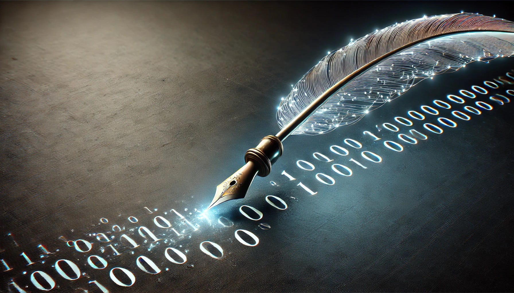 A quill pen writes out binary code.