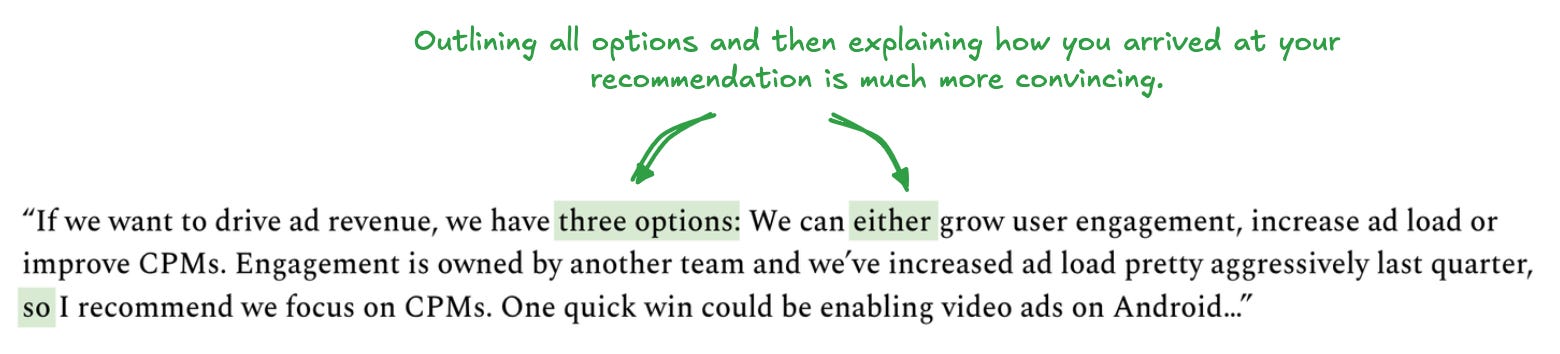 "If we want to drive ad revenue, we have three options: We can either grow user engagement, increase ad load or improve CPMs. Engagement is owned by another team and we've increased ad load pretty aggressively last quarter, so I recommend we focus on CMs. One quick win could be enabling video ads on Android.."