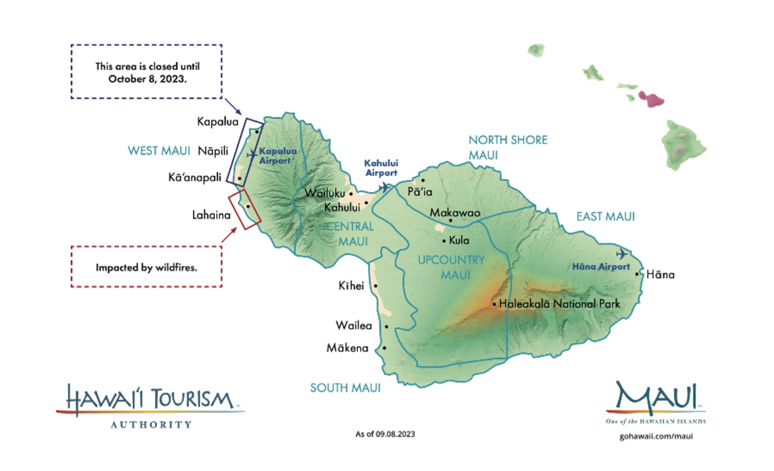 This map, from the Hawaii Tourism Authority, clarifies the small part of the island of Maui that remained closed till October after the wildfires.