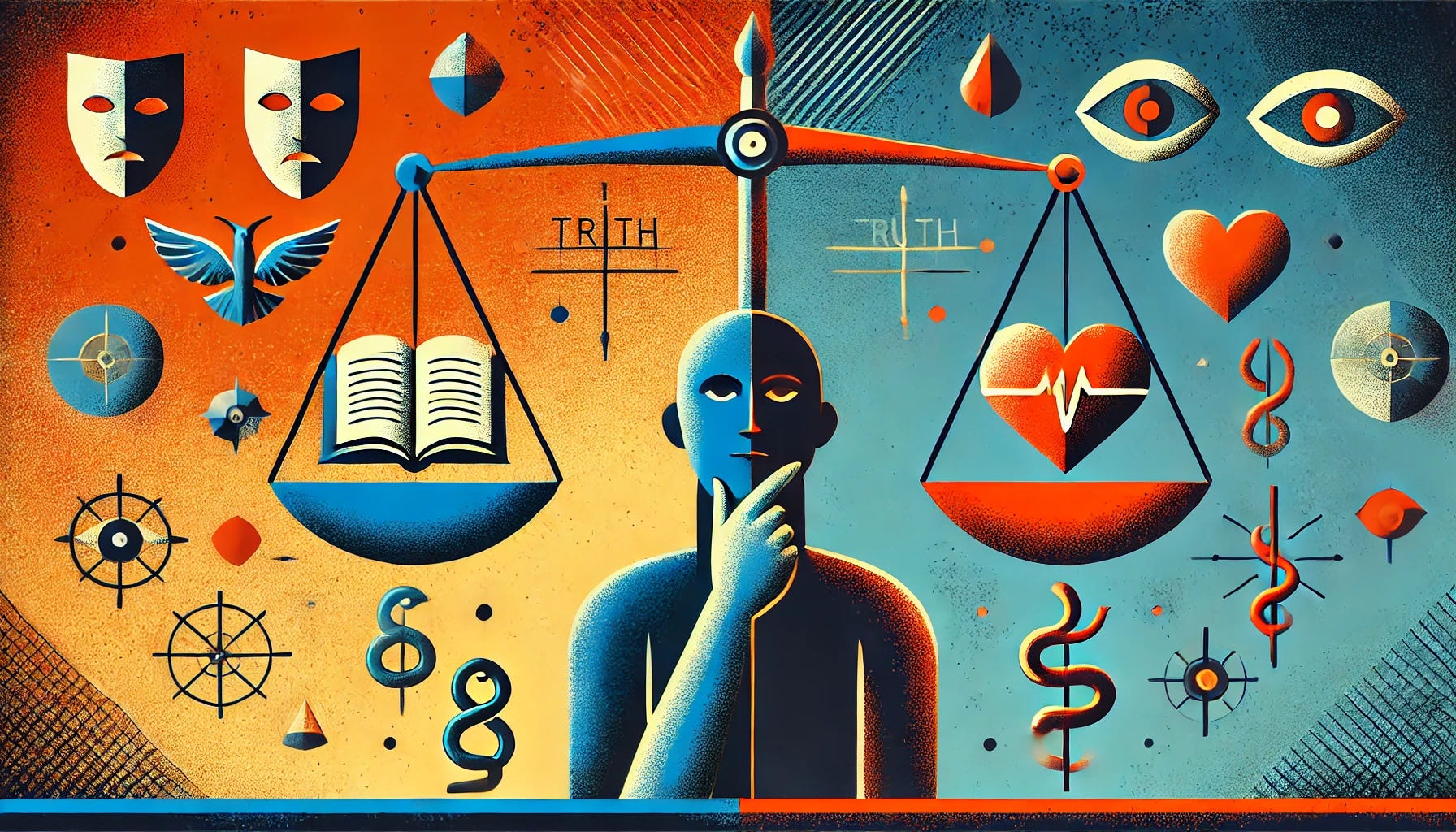 An abstract illustration depicting the concept of truth and deception. The image shows a scale balanced with symbols of honesty, like an open book or a heart, on one side, and symbols of deception, like a mask or a snake, on the other side. The background is split in contrasting colors to signify duality, with a thoughtful, questioning human figure in the middle. The artwork has a modern and visually striking design, suitable for an article about discerning truth from falsehood.