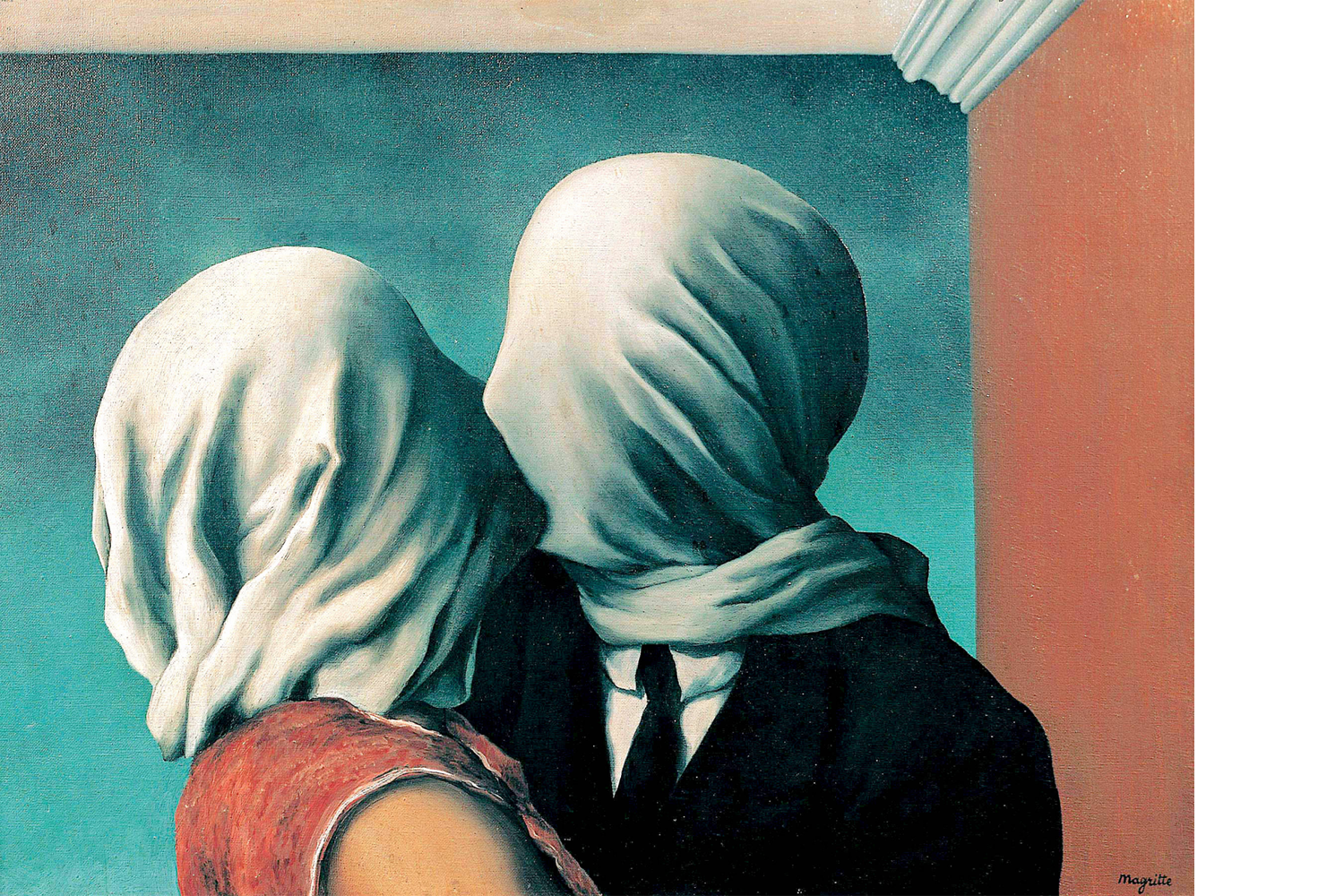 Rene Magritte’s famous painting ’The Lovers’ now titled ‘A Safe and Effective Affair’ in WEF Art Reset