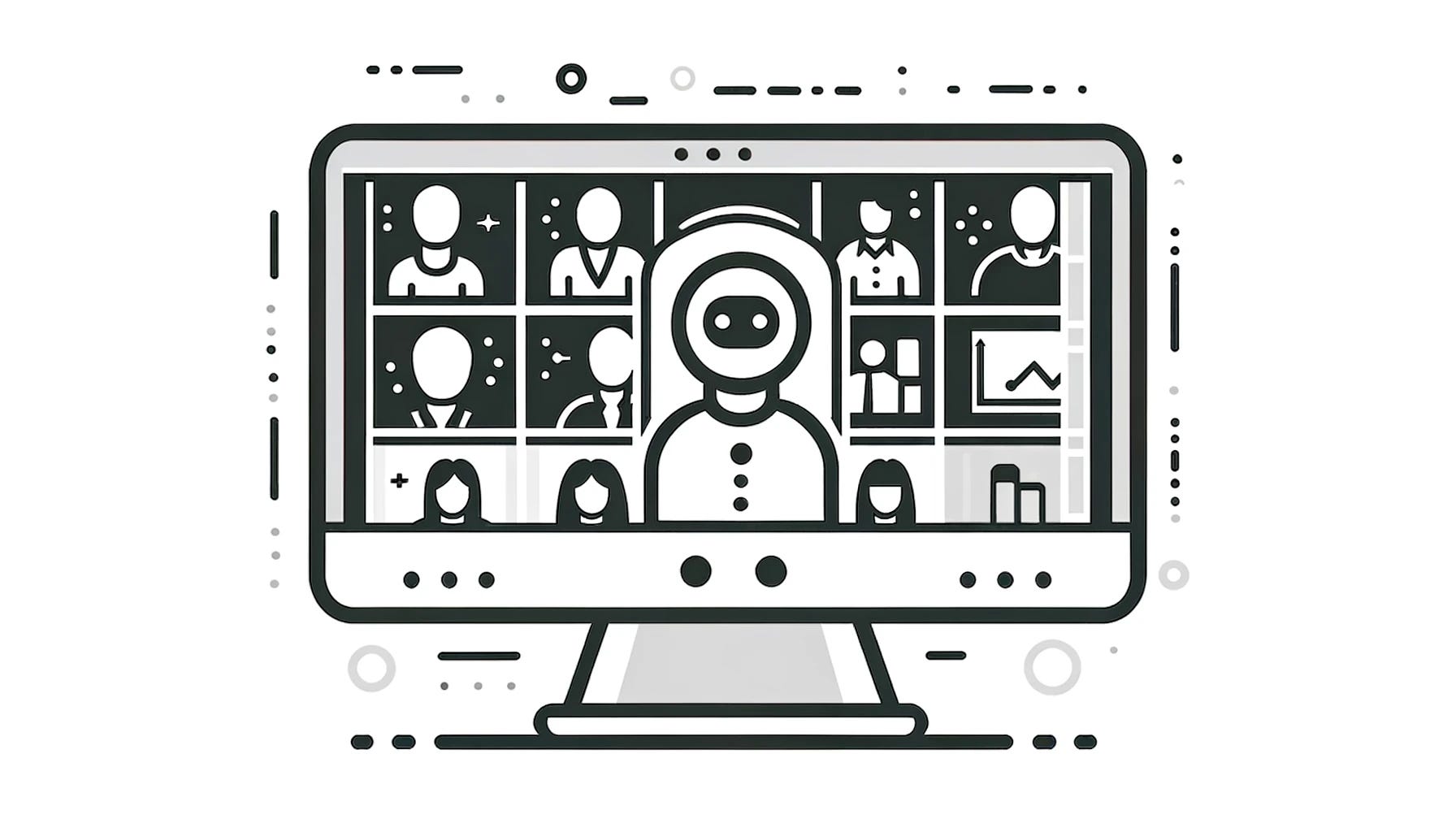 A minimalist greyscale illustration on a white background depicting an online conference. The image shows a simple computer screen outline with a few participants' icons arranged in a Zoom-like meeting layout. One icon represents an AI, indicated by a simple robot or digital face among the human icons.
