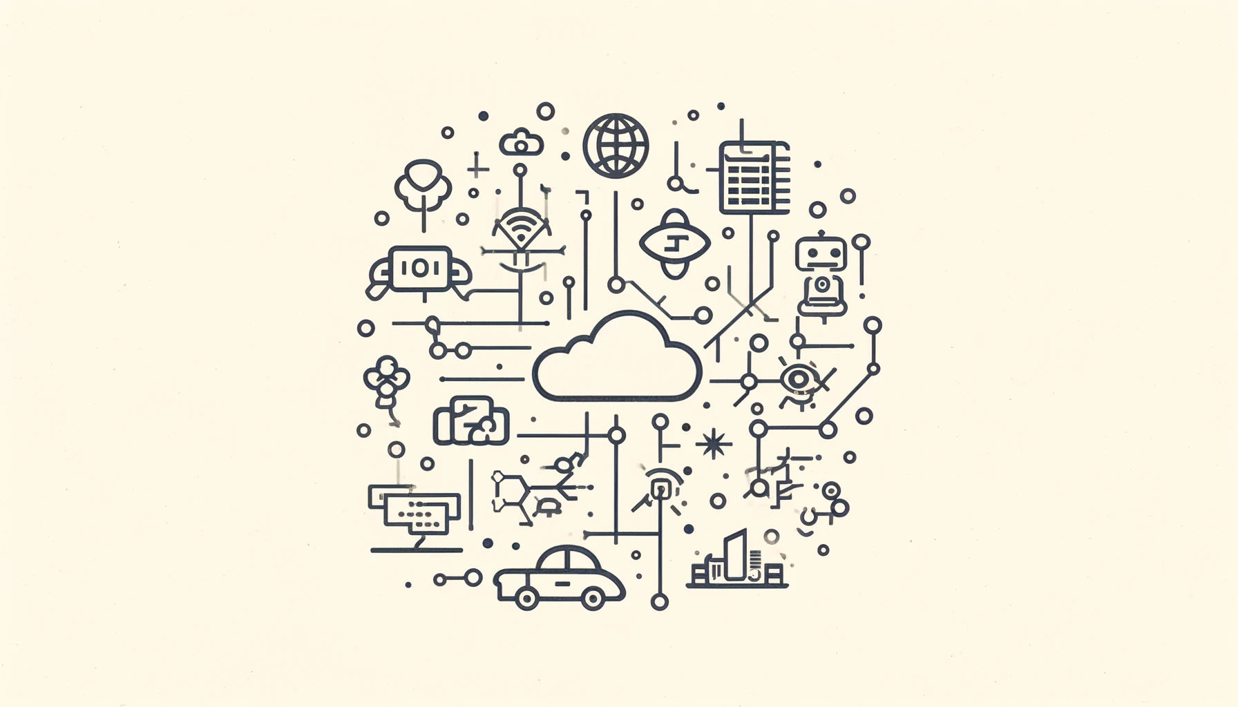 A minimalistic greyscale illustration on an off-white background depicting the impact of AI across various sectors. The image features simple, abstract icons representing different industries: a cloud for software, a car for autonomous vehicles, a robot for robotics, and symbols for other sectors like healthcare, finance, and retail. Each icon is interconnected with thin lines, symbolizing the pervasive influence of AI. The design has a clean, modern aesthetic with thin lines and simple shapes.
