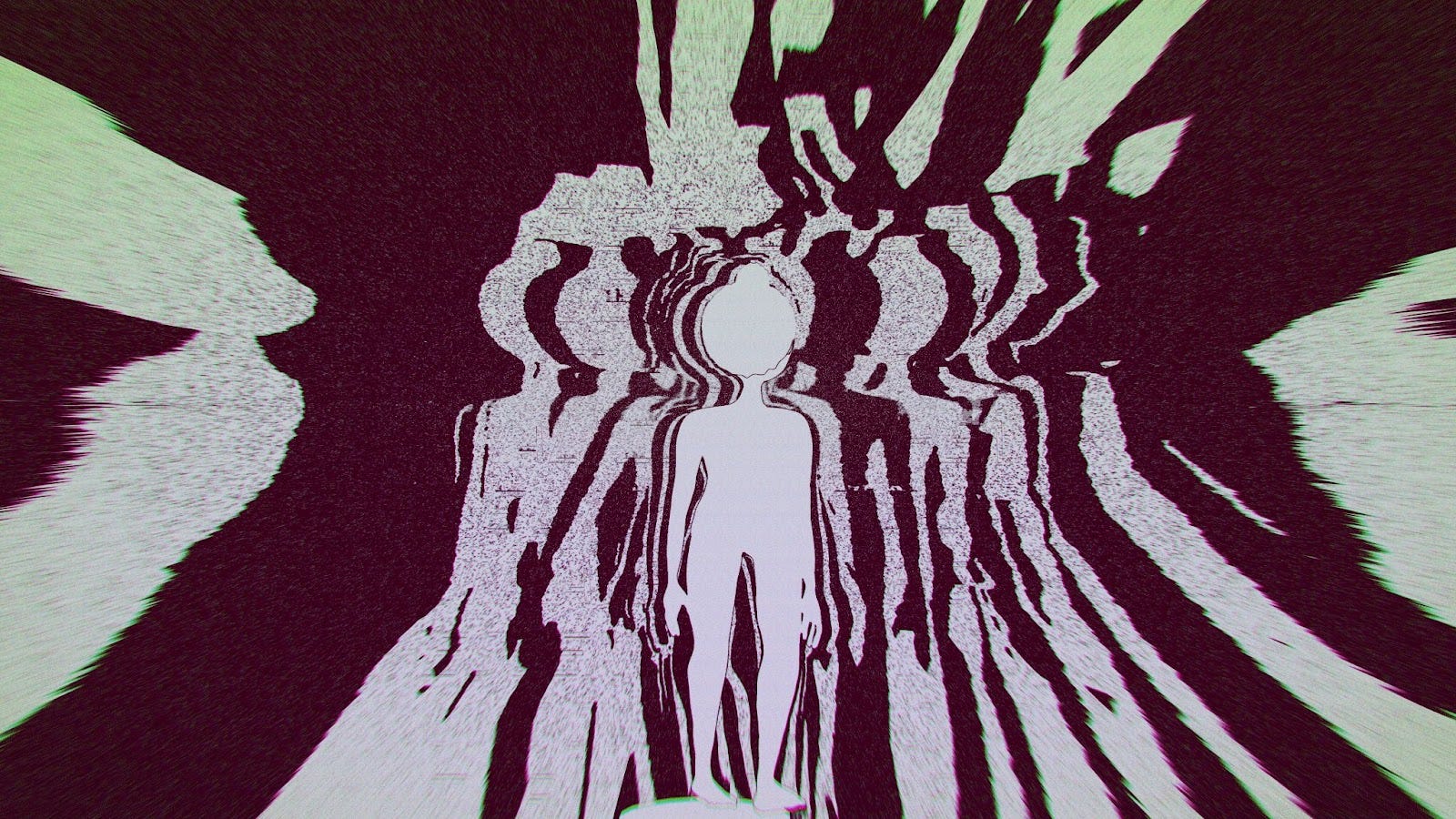 A black and white image of a figure, facing away from the viewer, with distorted repetitions of the figure radiating out from the center.