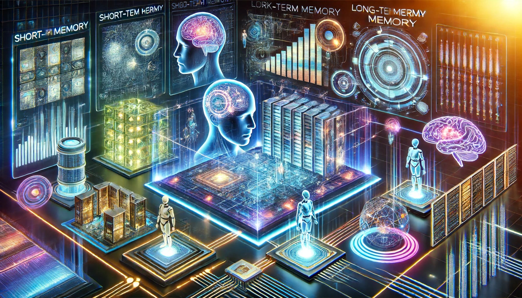 An illustration of artificial intelligence programs utilizing different forms of memory. Depict a futuristic, high-tech environment with various AI systems represented as sleek, holographic interfaces and robotic figures. Show some AI using short-term memory with elements like quick access storage units and data streams, while others utilize long-term memory, depicted with larger data banks and deep neural networks. Include glowing data lines connecting the different memory types to emphasize the flow and retention of information. The setting should be vibrant and technologically advanced, showcasing the complexity and sophistication of AI memory systems.