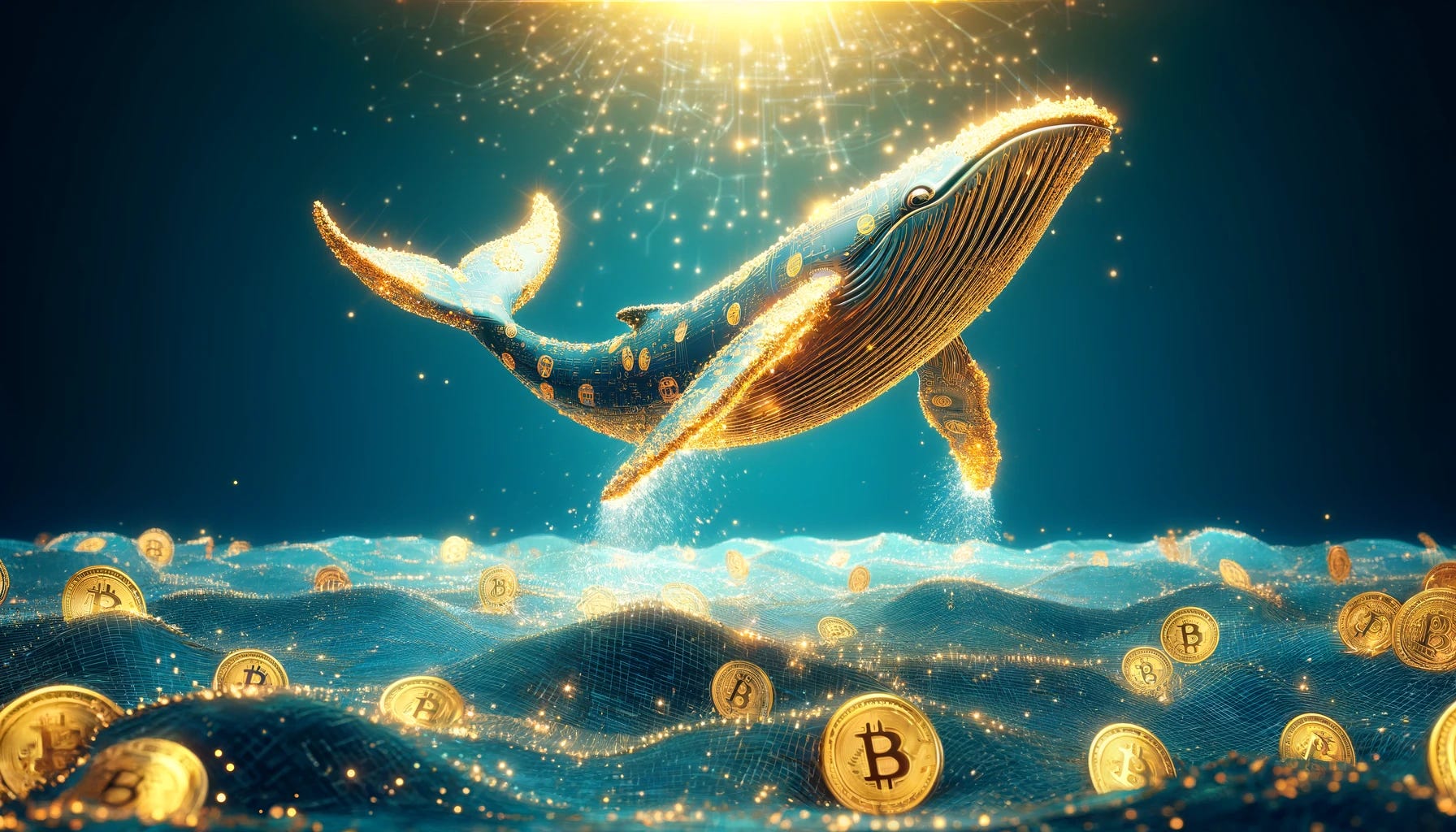 Create a dynamic and imaginative illustration of a 'Bitcoin whale', portrayed as a giant whale made of golden Bitcoins, swimming through a digital ocean. The scene should be set in a wide 16:9 aspect ratio, emphasizing the vastness of the cryptocurrency sea. The whale, embodying a major player in the Bitcoin market, should be depicted in a powerful yet graceful manner, with the ocean sparkling with digital and electronic motifs to reflect the high-tech environment of cryptocurrency. Create a dynamic and imaginative illustration of a 'Bitcoin whale', portrayed as a giant whale made of golden Bitcoins, swimming through a digital ocean. The scene should be set in a wide 16:9 aspect ratio, emphasizing the vastness of the cryptocurrency sea. The whale, embodying a major player in the Bitcoin market, should be depicted in a powerful yet graceful manner, with the ocean sparkling with digital and electronic motifs to reflect the high-tech environment of cryptocurrency.