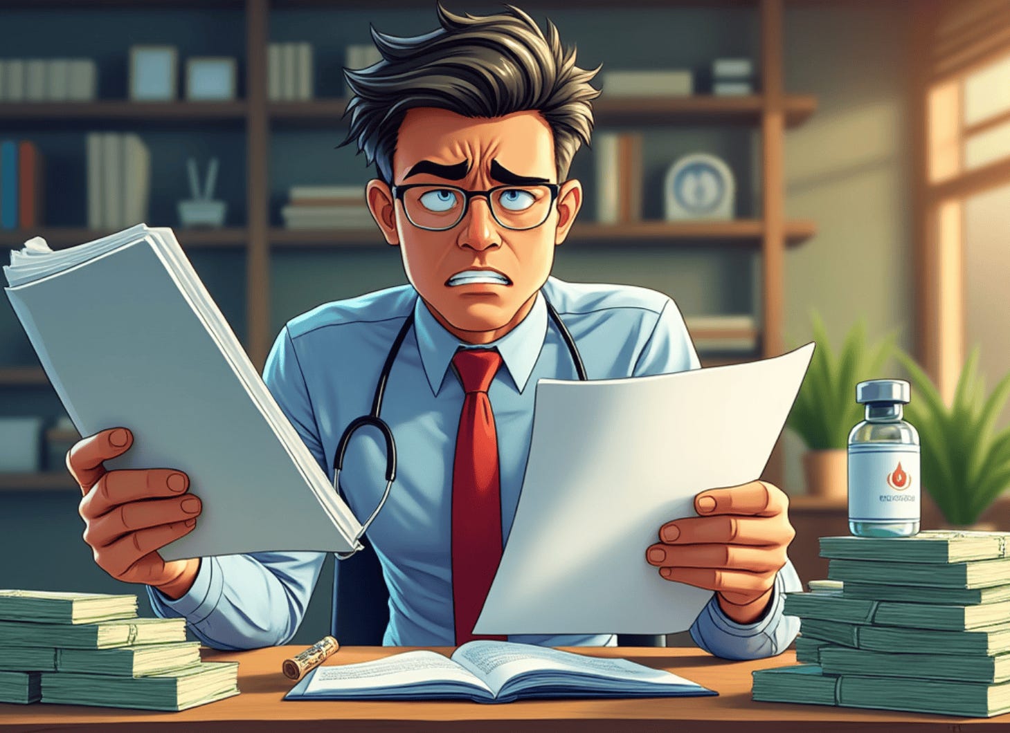 A cartoon of a person holding papers and a stethoscope

Description automatically generated