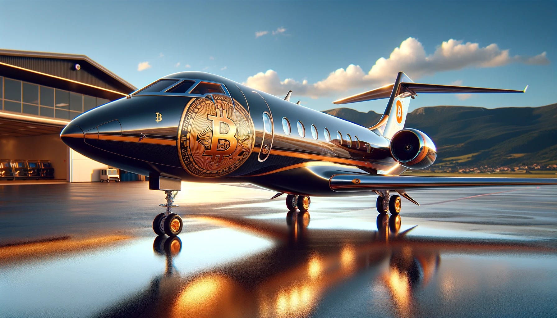 A photorealistic and highly stylized image of a private jet with the Bitcoin logo branded on it. The jet is sleek and modern, featuring a glossy finish with the prominent Bitcoin logo in gold and orange hues on its fuselage. The background showcases a luxurious airport setting, with a clear blue sky and a few fluffy clouds. The light reflects off the jet's surface, highlighting its elegant design and the sharpness of the Bitcoin logo. The scene should convey a sense of opulence, innovation, and cutting-edge technology associated with private aviation and Bitcoin.