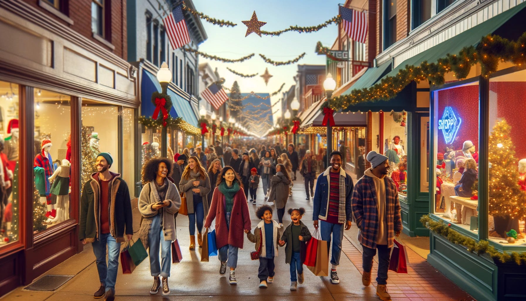 image depicting a vibrant scene of people shopping on a main street in a typical American town during the holiday season. The atmosphere is lively and festive, capturing the spirit of community and holiday cheer.