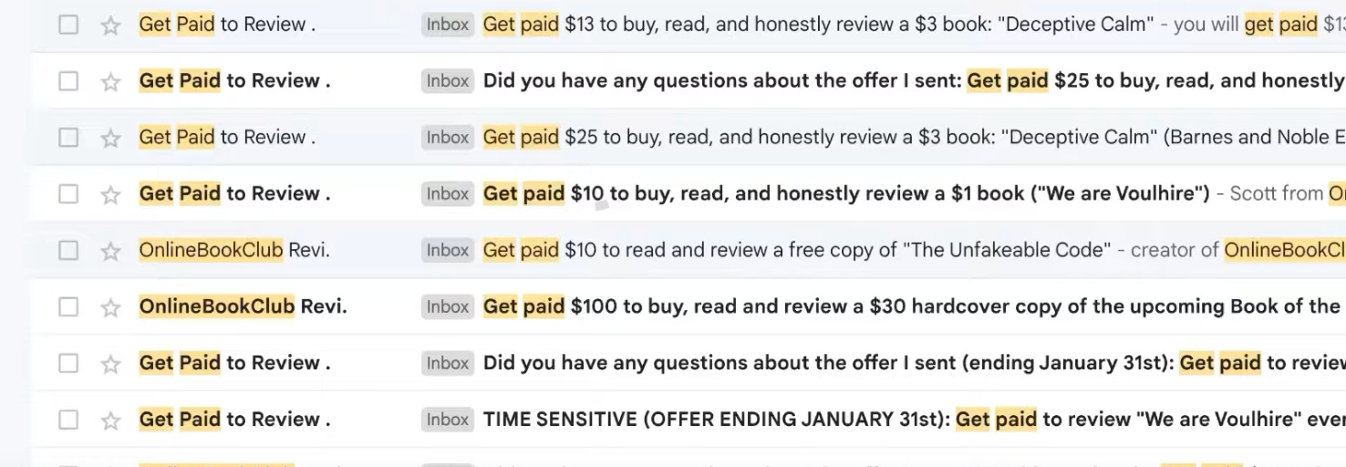 Email solicitations offering money for reading and reviewing books