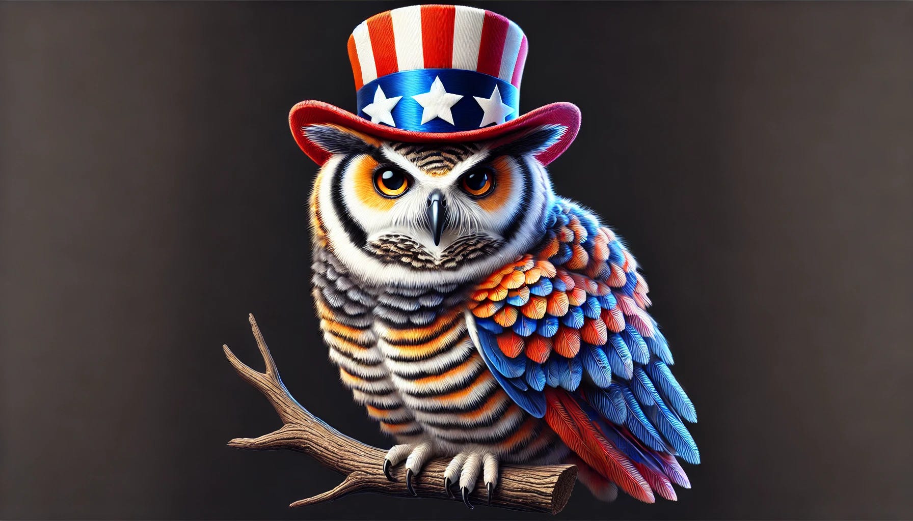 An owl wears a patriotic hat.