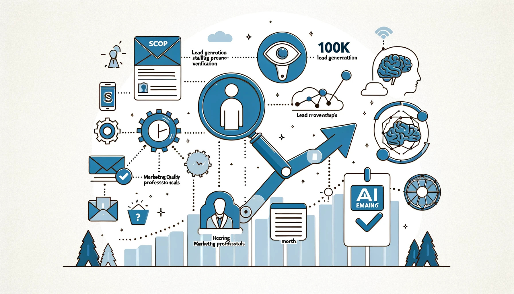 A very simple minimalistic illustration representing the launch of the new version of Scop Plus on a white background. Include icons such as a magnifying glass for lead quality verification, an AI brain, and an email. Display a graph indicating 100k leads and emails per month. Show a basic depiction of a lead generation process starting from a market description like 'marketing professionals' and resulting in a growing dataset. Use a clean, modern design with a focus on efficiency and AI technology.