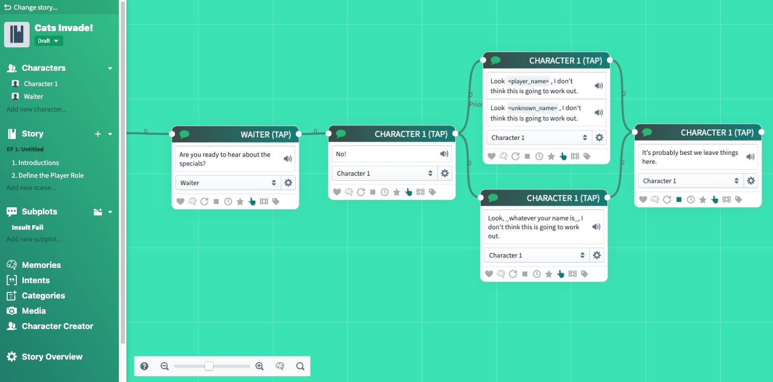 Screen cap of UI for charisma.ai