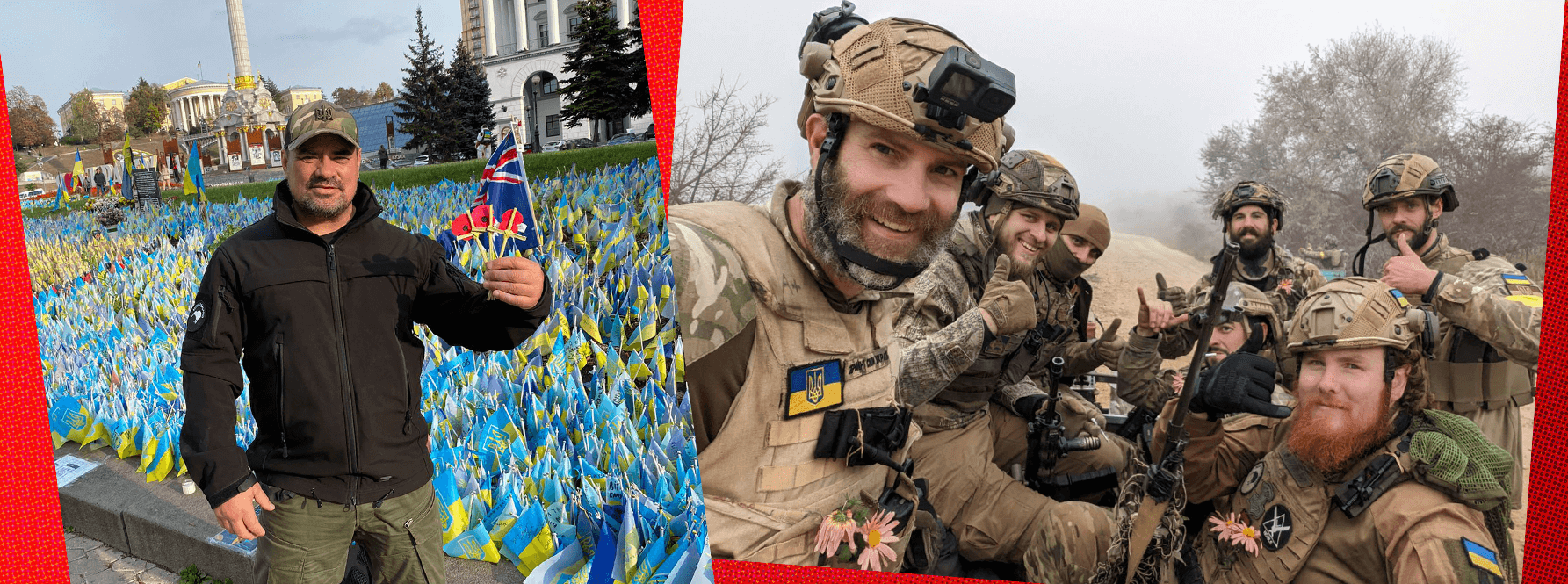 Left: Owen Pomana holds poppies in Kyiv’s Independence Square. Right: Jordan O’Brien with 131st Separate Recon Battalion after the liberation of Kherson. (Photos supplied, additional design by The Spinoff)   