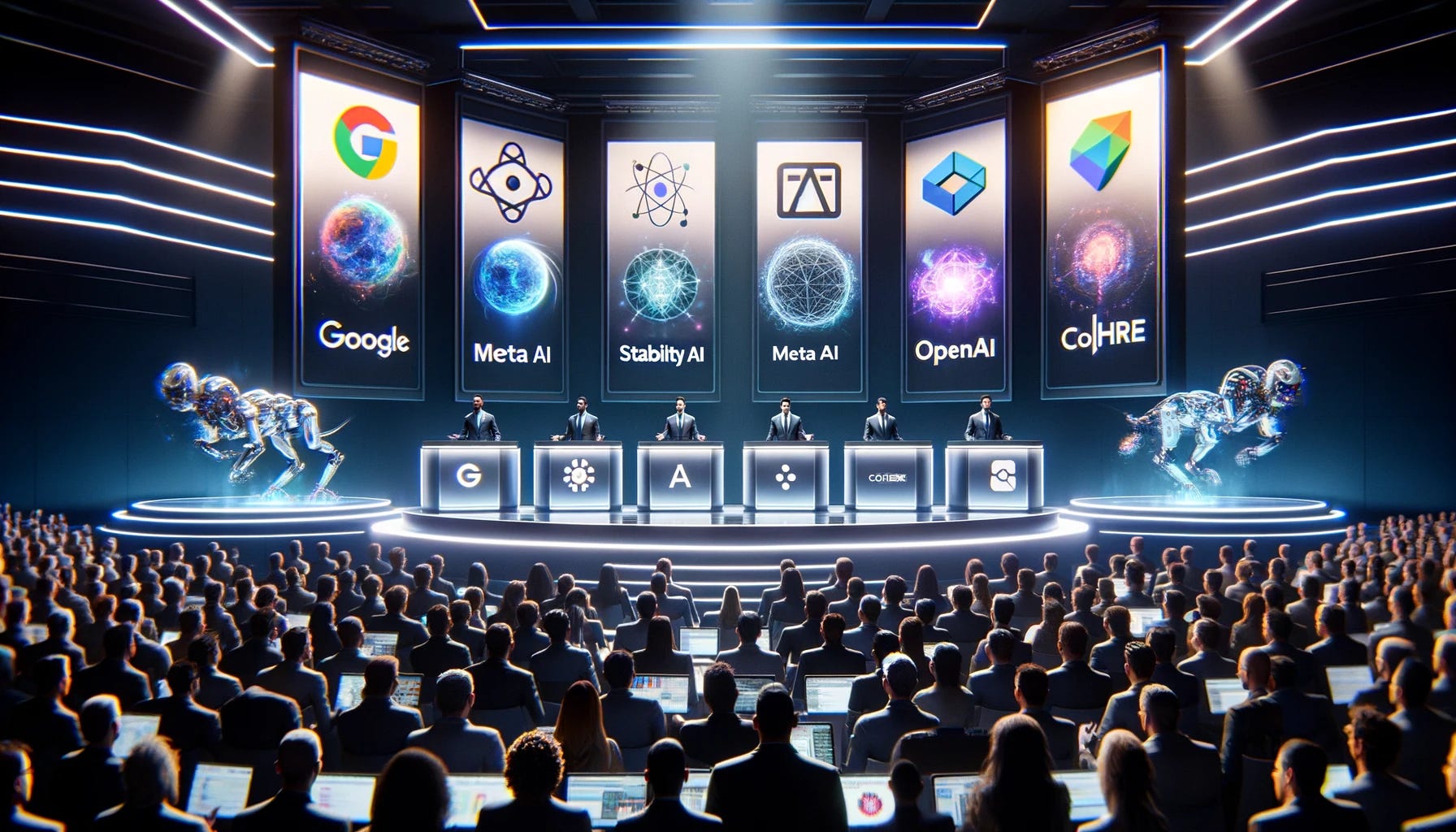 A futuristic conference room, with representatives from five major tech companies, each standing behind a podium adorned with the logo of Google, Meta AI, Stability AI, OpenAI, and Cohere. The room is filled with screens displaying various types of AI models for video, language, audio, coding, and other modalities. The atmosphere is electric, with a crowd of diverse, eager spectators watching in anticipation. Each representative is gesturing towards the screens, showcasing the groundbreaking technologies they're releasing. The setting is modern, sleek, and filled with innovative technology, embodying the pinnacle of technological advancement.