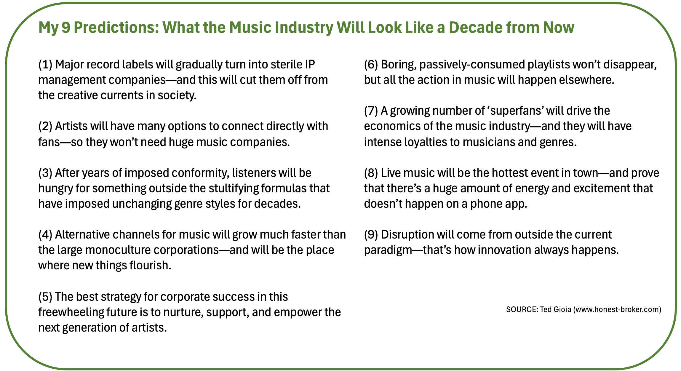 Summary of the nine predictions for the future of music