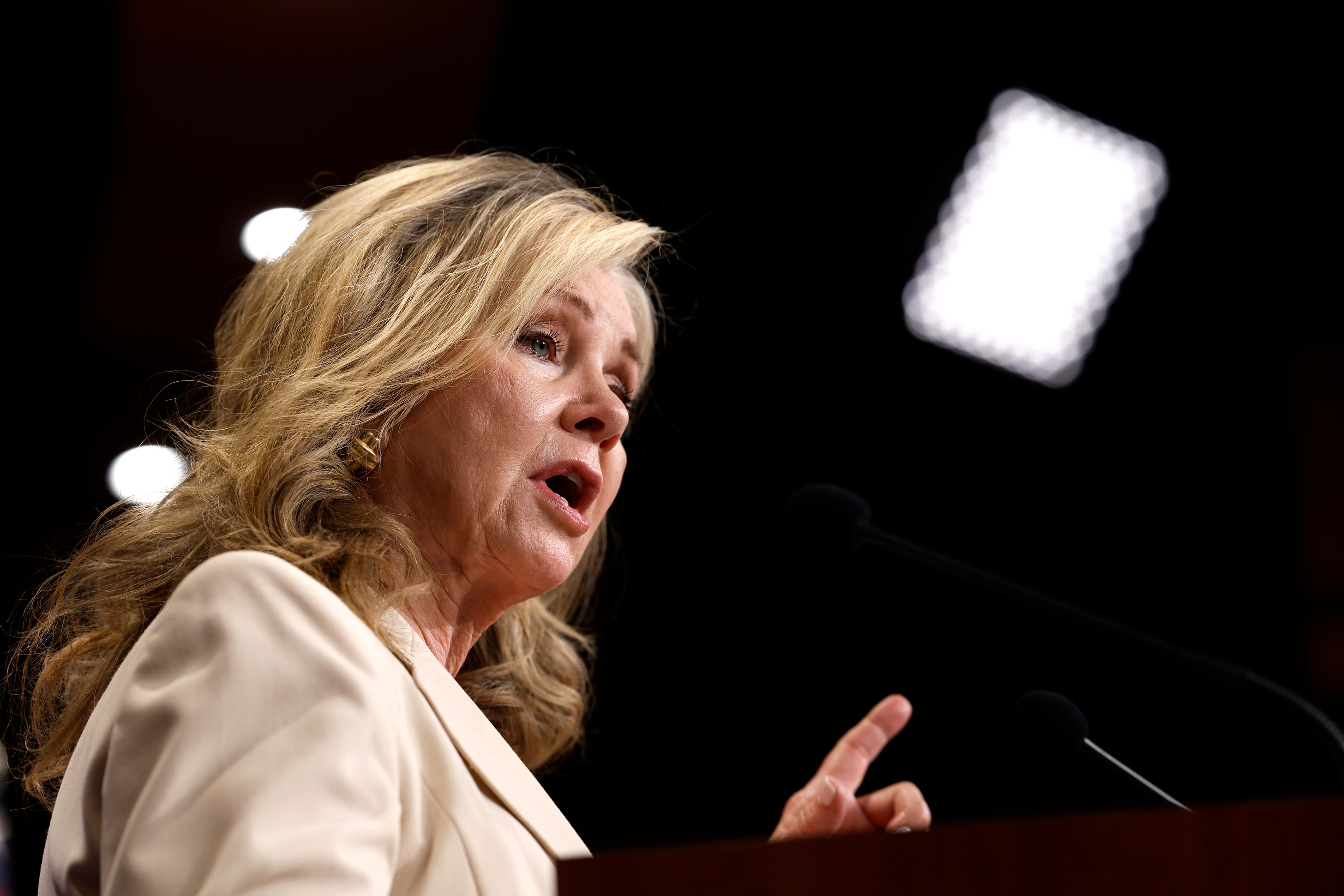 WASHINGTON, DC - JULY 19: Sen. Marsha Blackburn (R-TN) speaks at a news conference on the Supreme Court at the U.S. Capitol Building on July 19, 2023 in Washington, DC. Senators with the Senate Judiciary Committee held the press conference to discuss Senate Judiciary Chairman Richard Durbin's (D-IL) upcoming ethics bill for U.S. Supreme Court justices. (Photo by Anna Moneymaker/Getty Images)