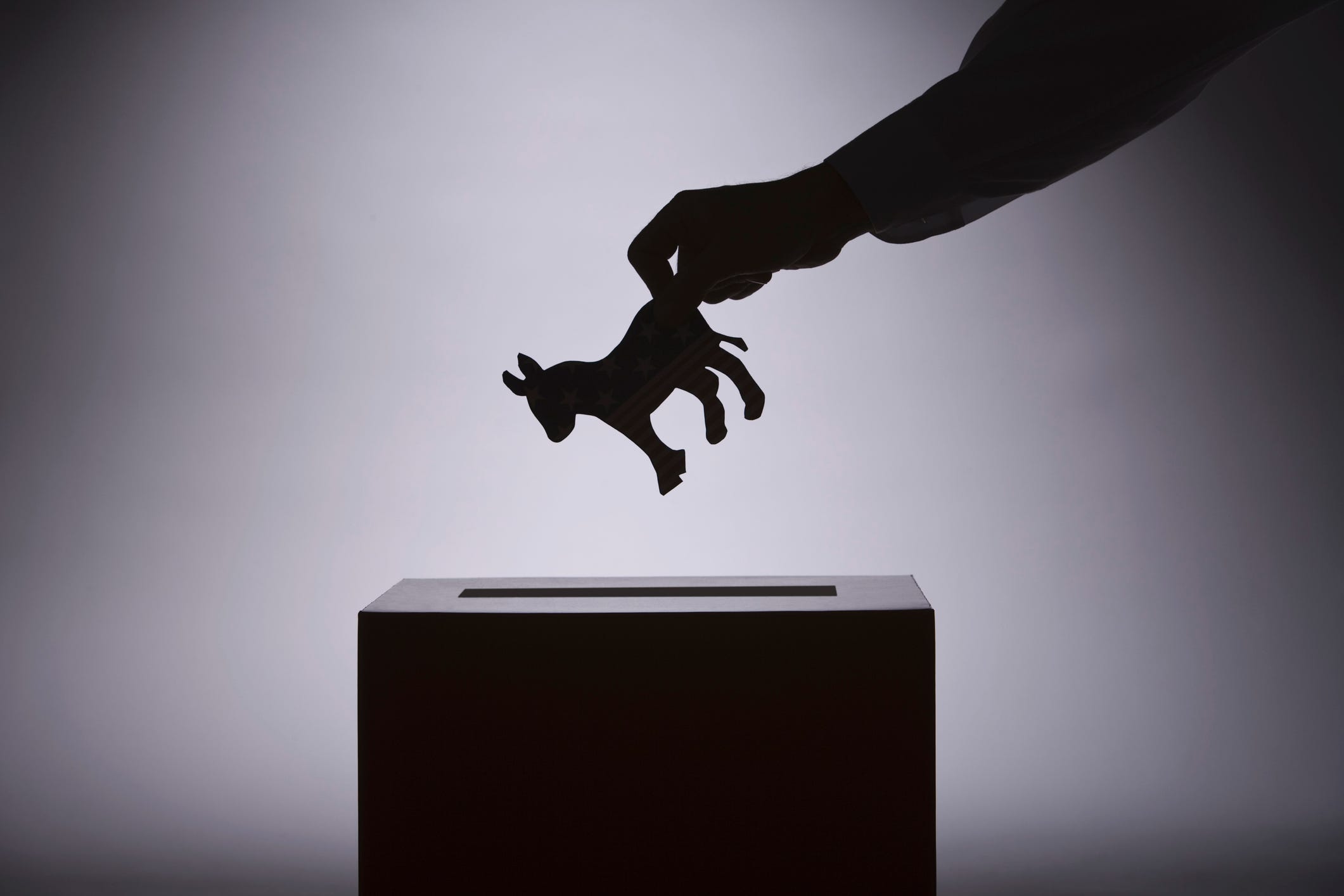 A Democratic donkey is dropped in a ballot box.