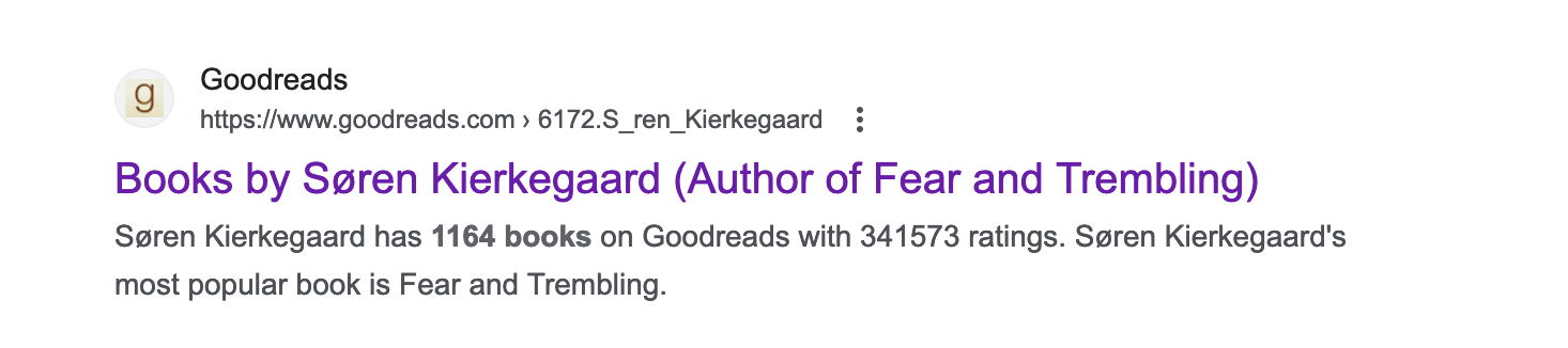 Goodreads description of Kierkegaard as author of 1,164 books