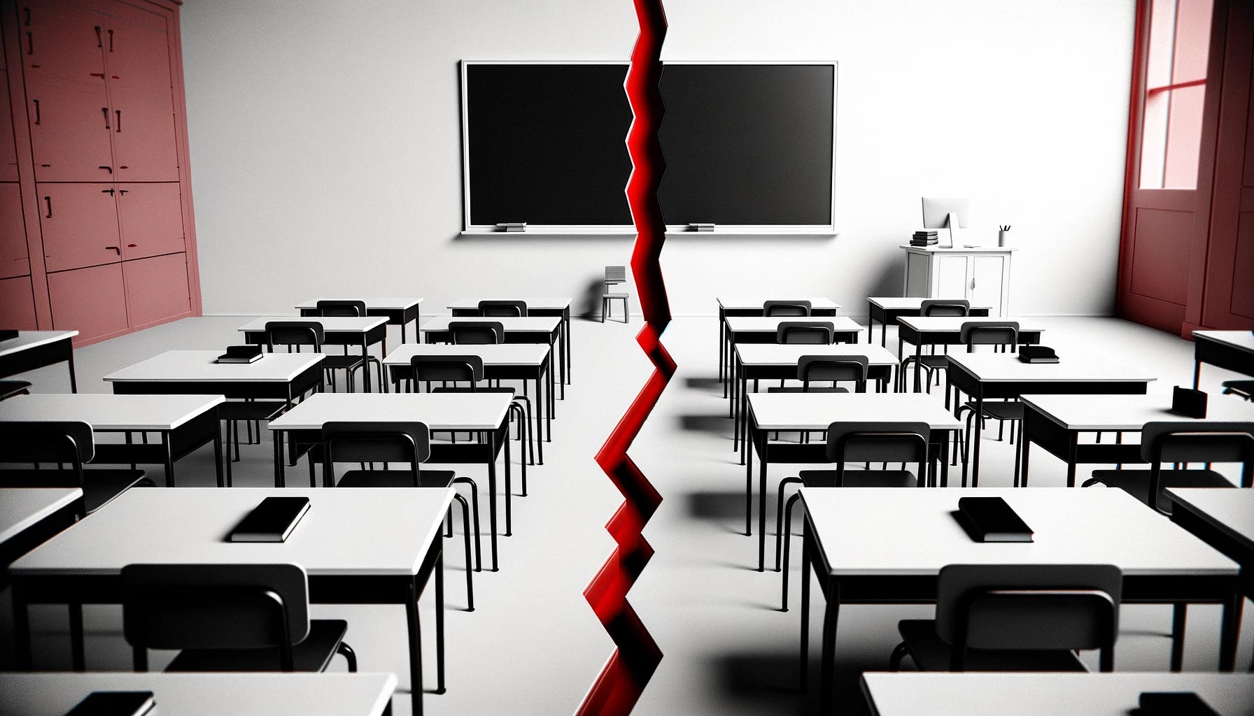 An empty classroom is divided in half by a red slash.