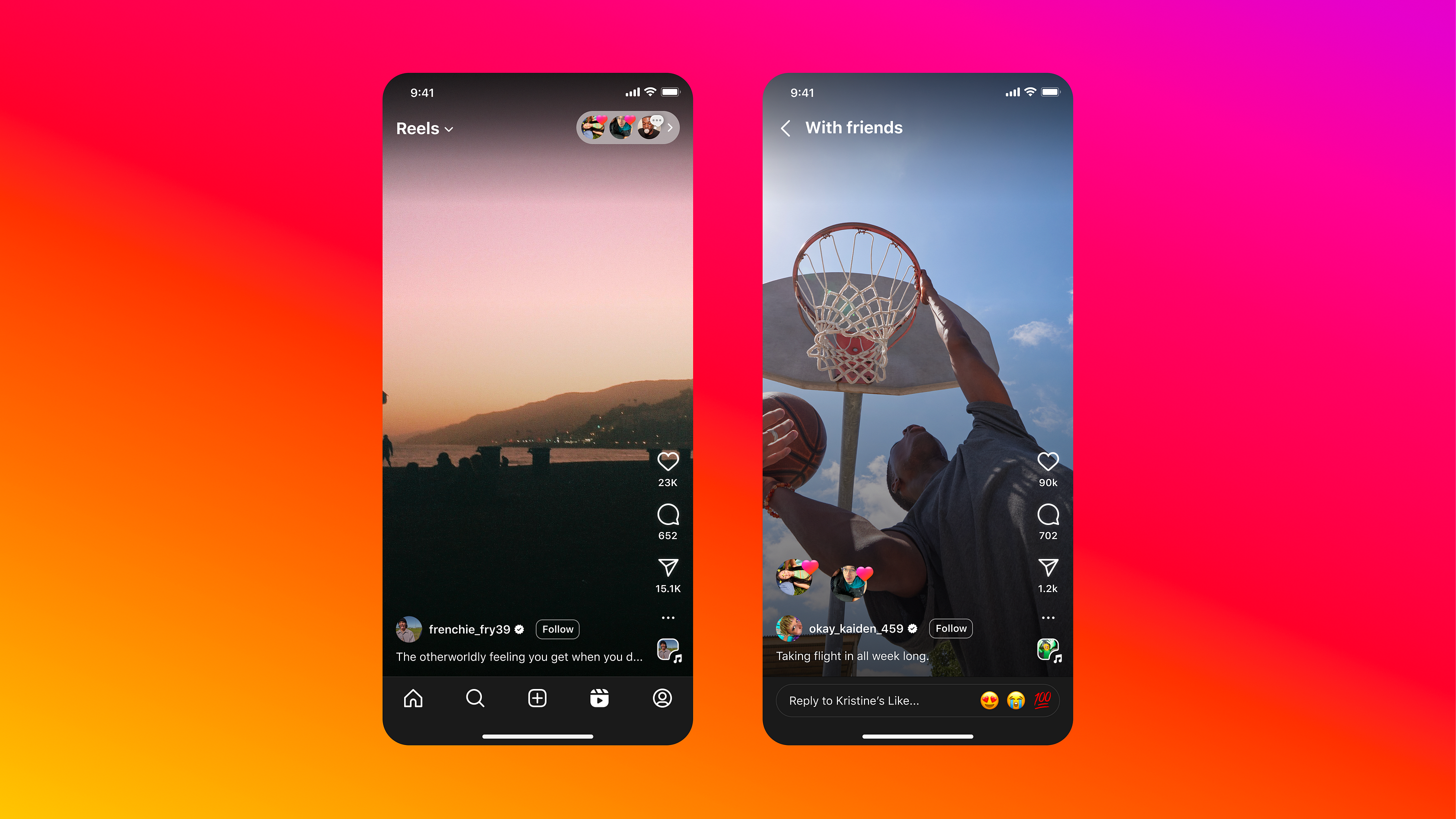 Screenshot of two mobile screens showing Instagram Reels and its new feature Reels with Friends that displays what your friends are watching and liking Screenshot of two mobile screens showing Instagram Reels and its new feature Reels with Friends that displays what your friends are watching and liking