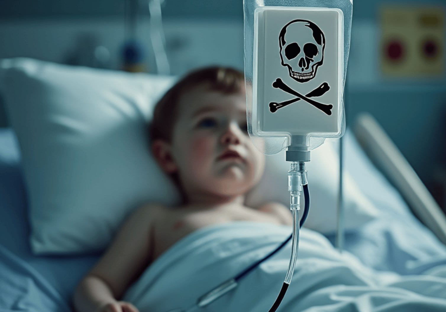 A child in a hospital bed with a iv drip

Description automatically generated