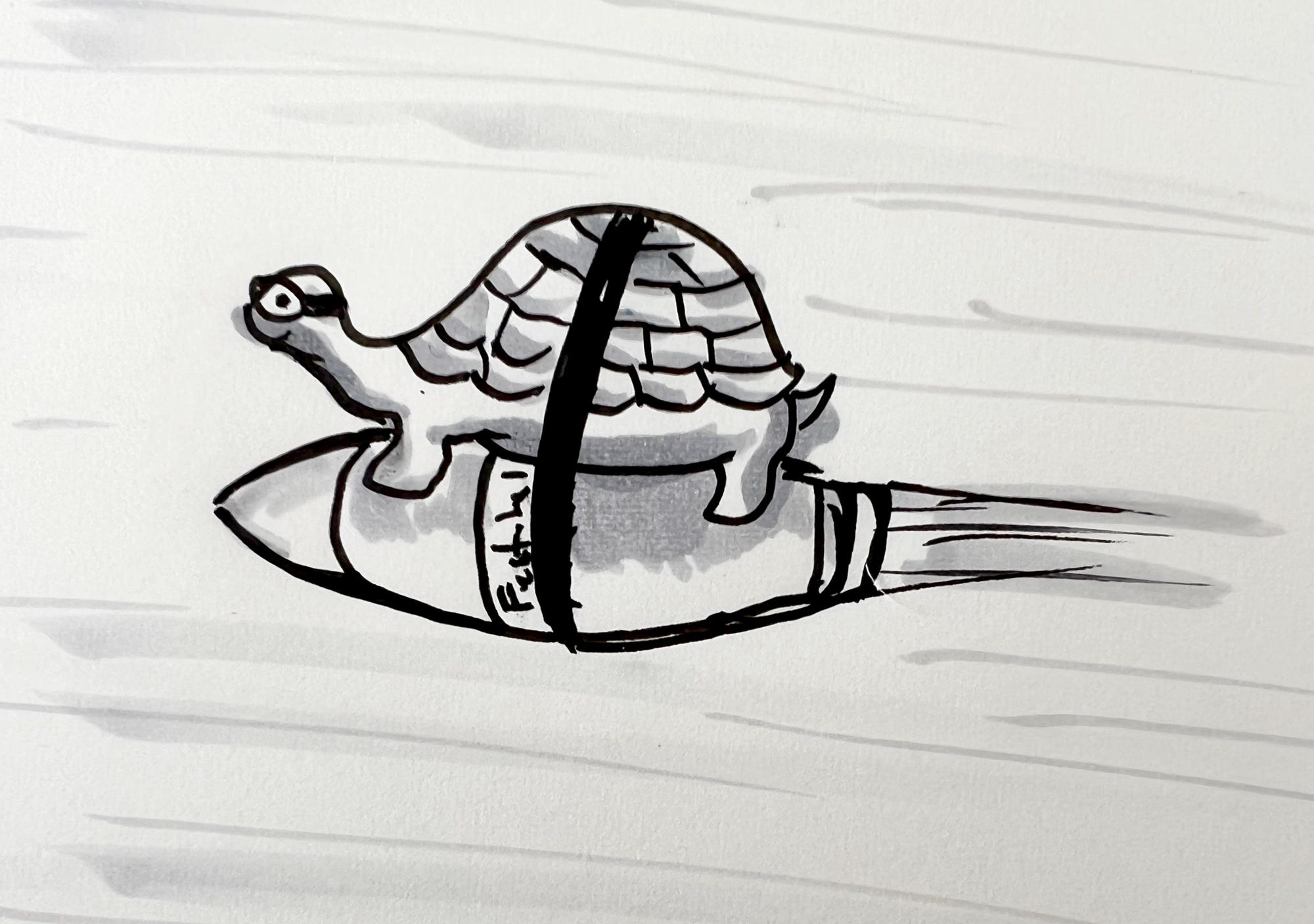 Drawing of a turtle on a rocket ship with the phrase "Festina Lente" on the side of it